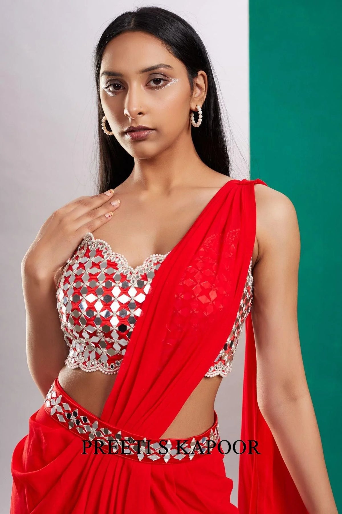 Red Mirror Drape Saree - Preeti S Kapoor