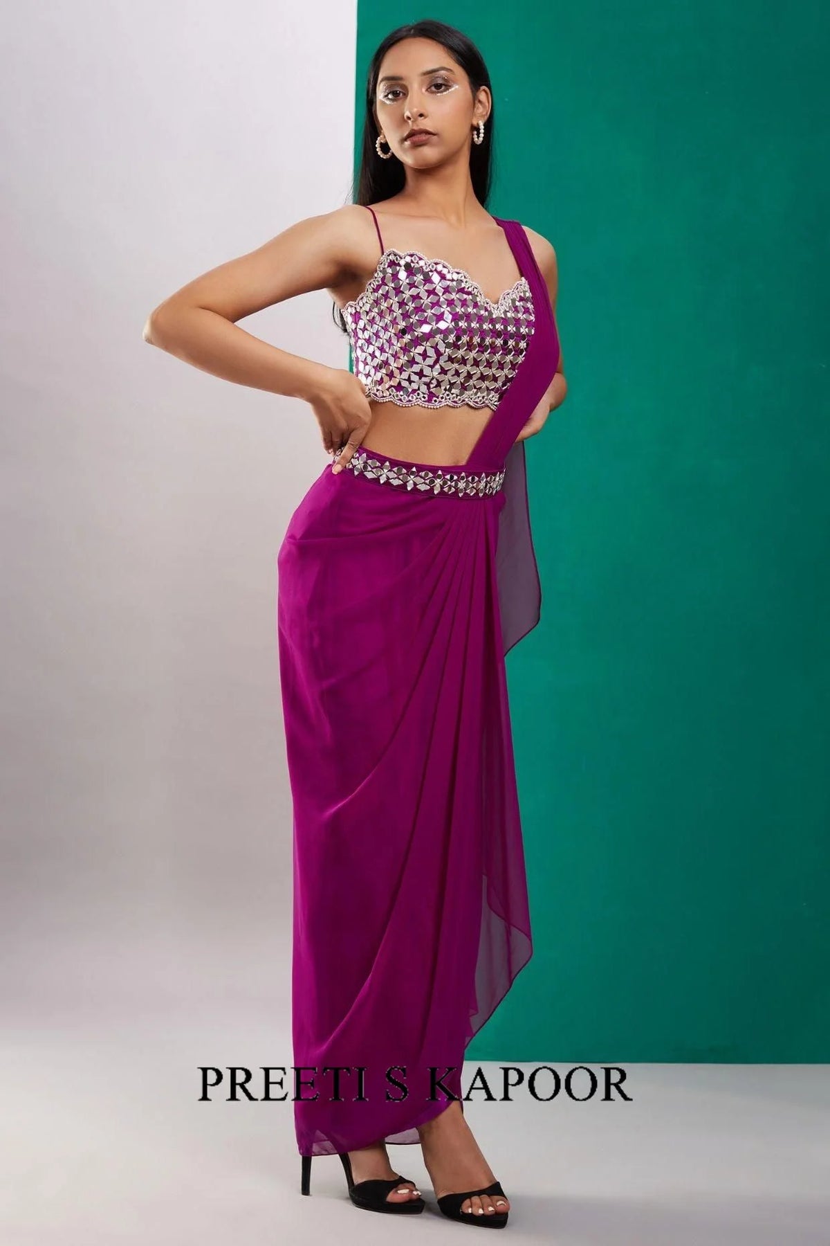 Wine Purple Mirror Drape Saree - Preeti S Kapoor