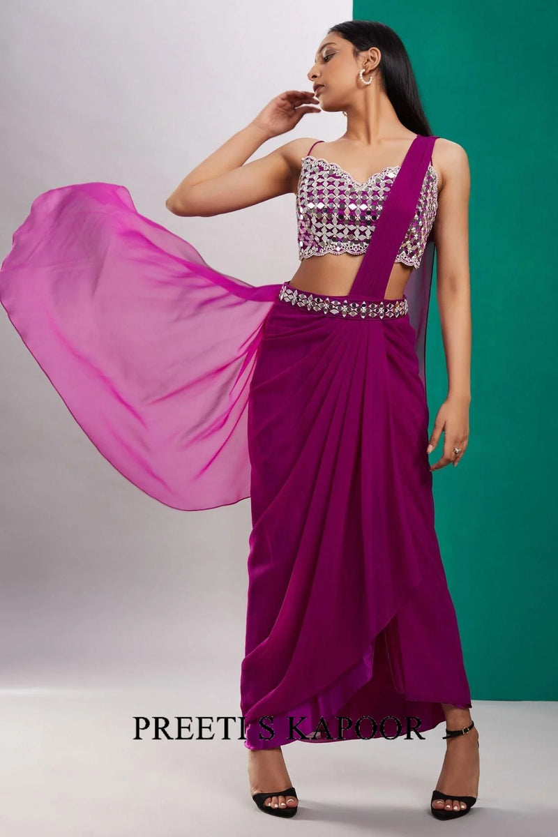 Wine Purple Mirror Drape Saree - Preeti S Kapoor
