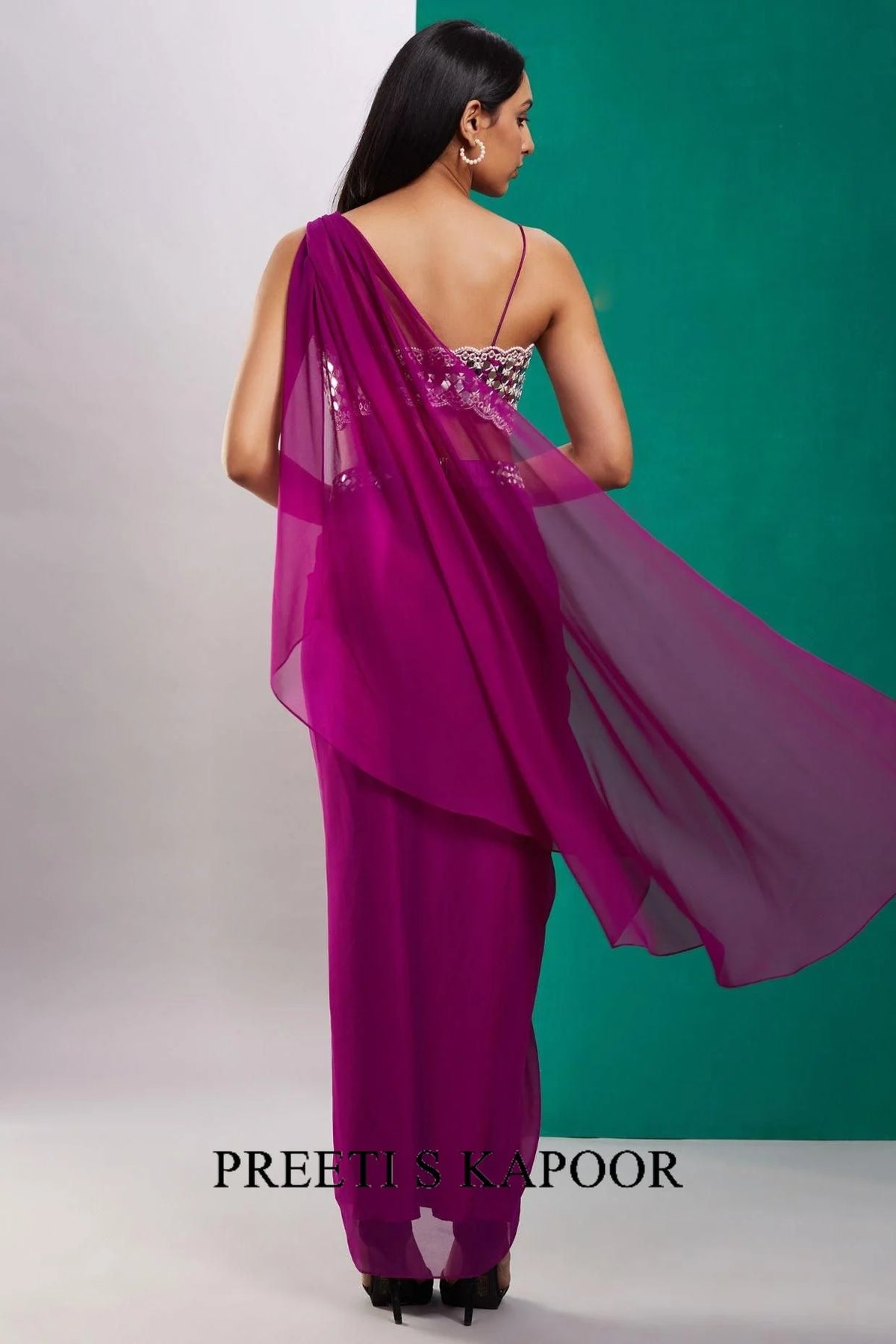 Wine Purple Mirror Drape Saree - Preeti S Kapoor