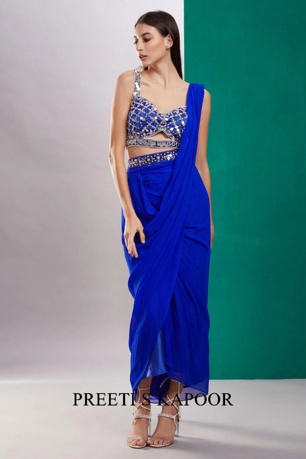 Blue Mirror Drape Saree - Preeti S Kapoor