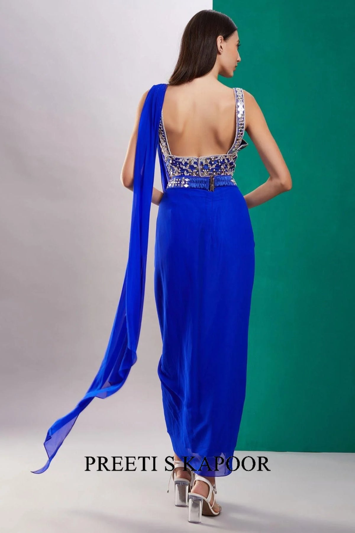 Blue Mirror Drape Saree - Preeti S Kapoor