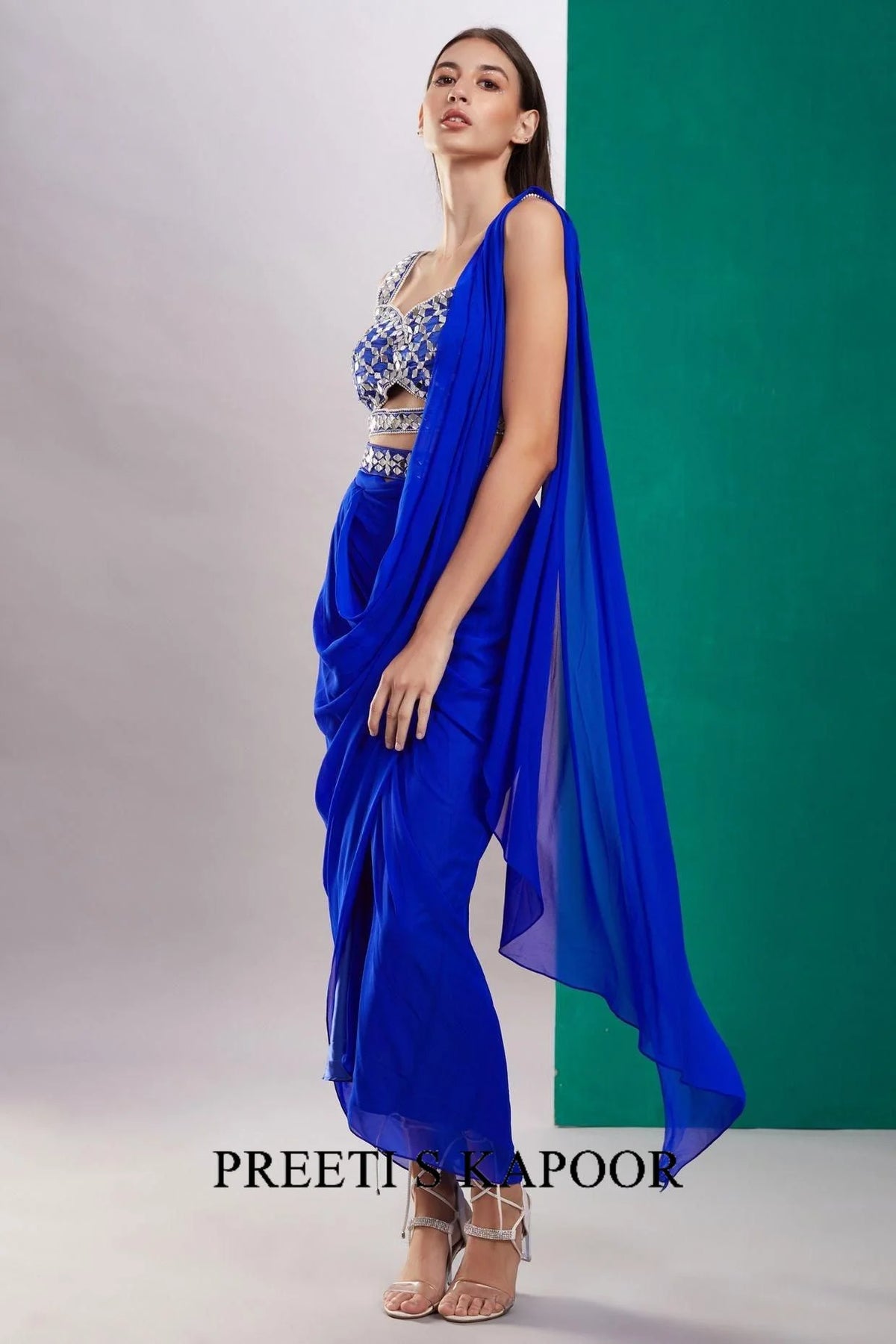 Blue Mirror Drape Saree - Preeti S Kapoor