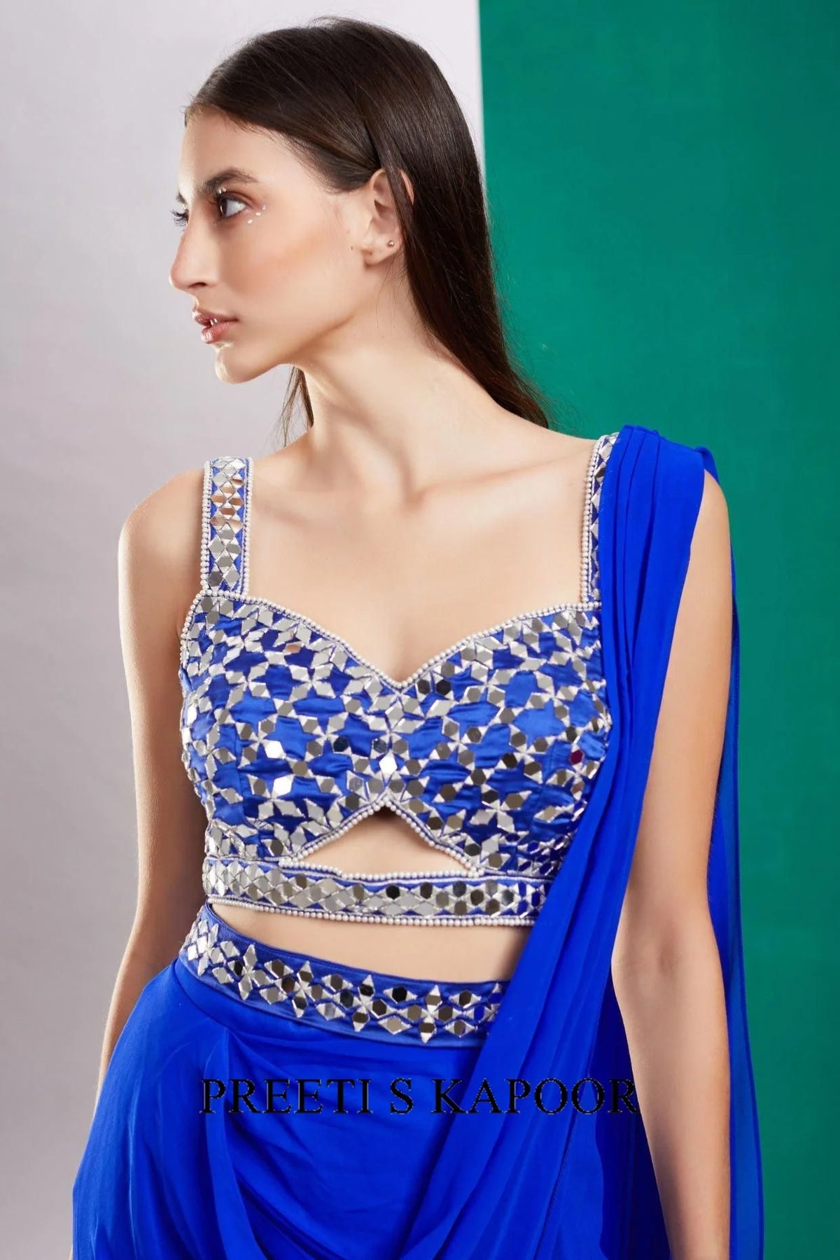 Blue Mirror Drape Saree - Preeti S Kapoor