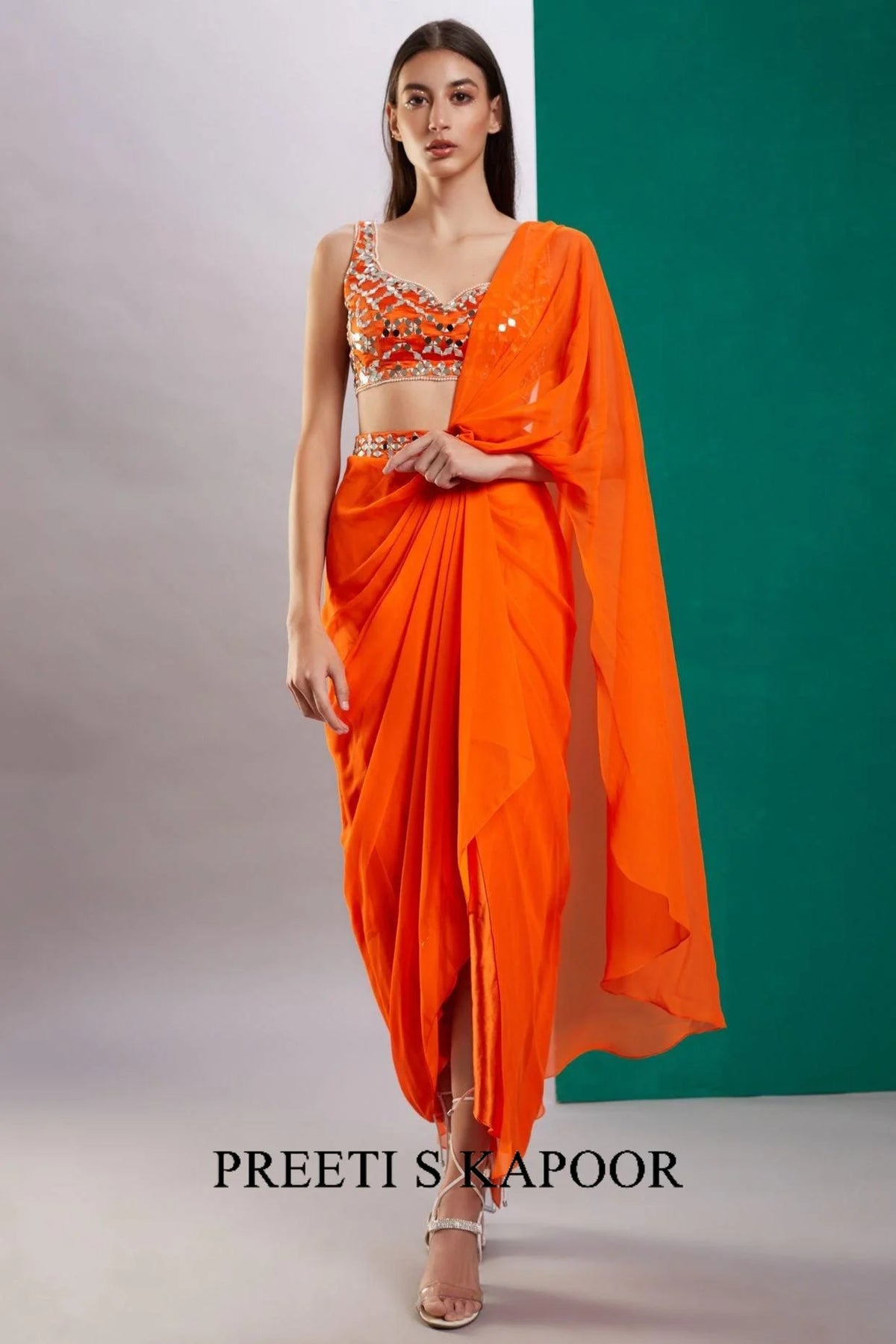 Orange Mirror Drape Saree - Preeti S Kapoor