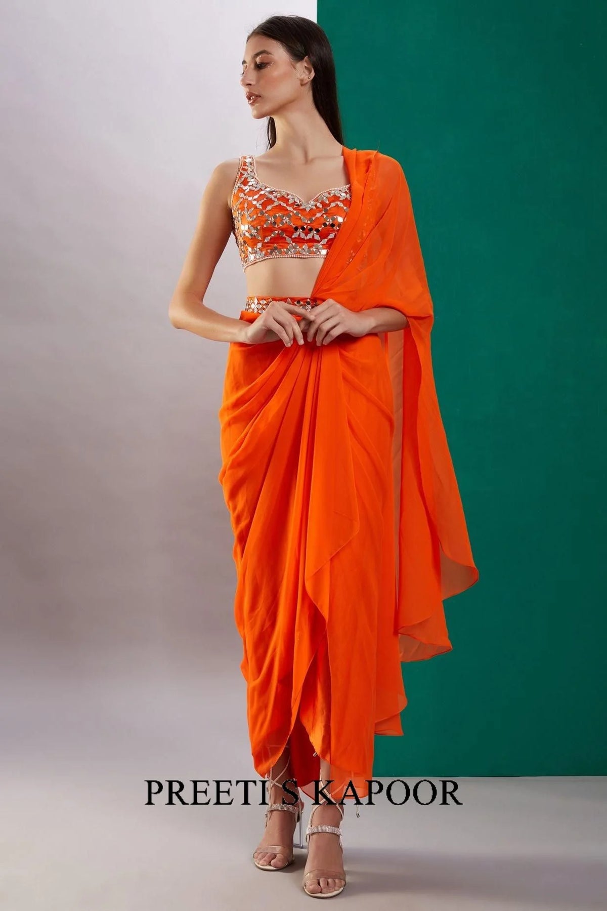 Orange Mirror Drape Saree - Preeti S Kapoor