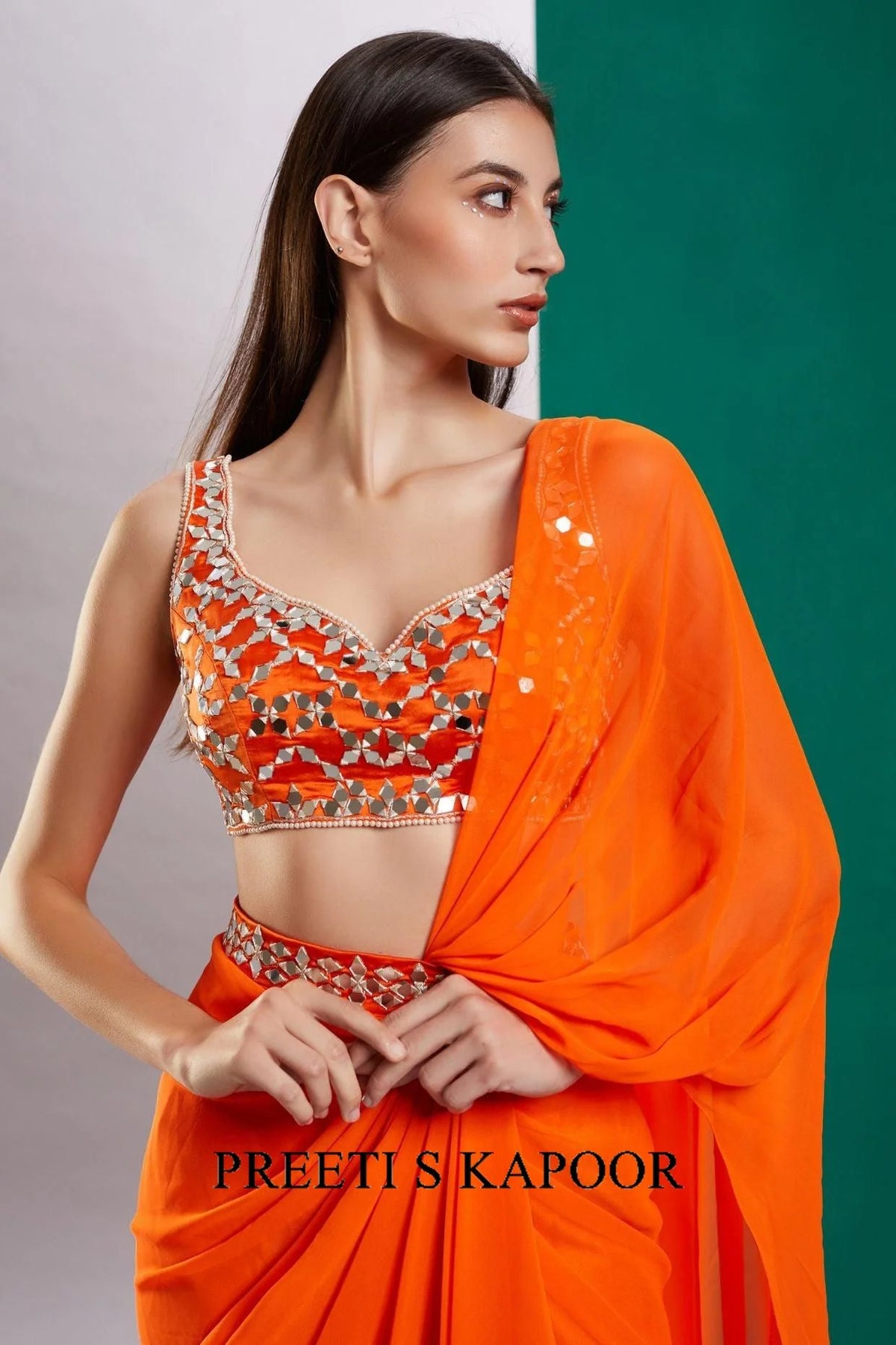 Orange Mirror Drape Saree - Preeti S Kapoor