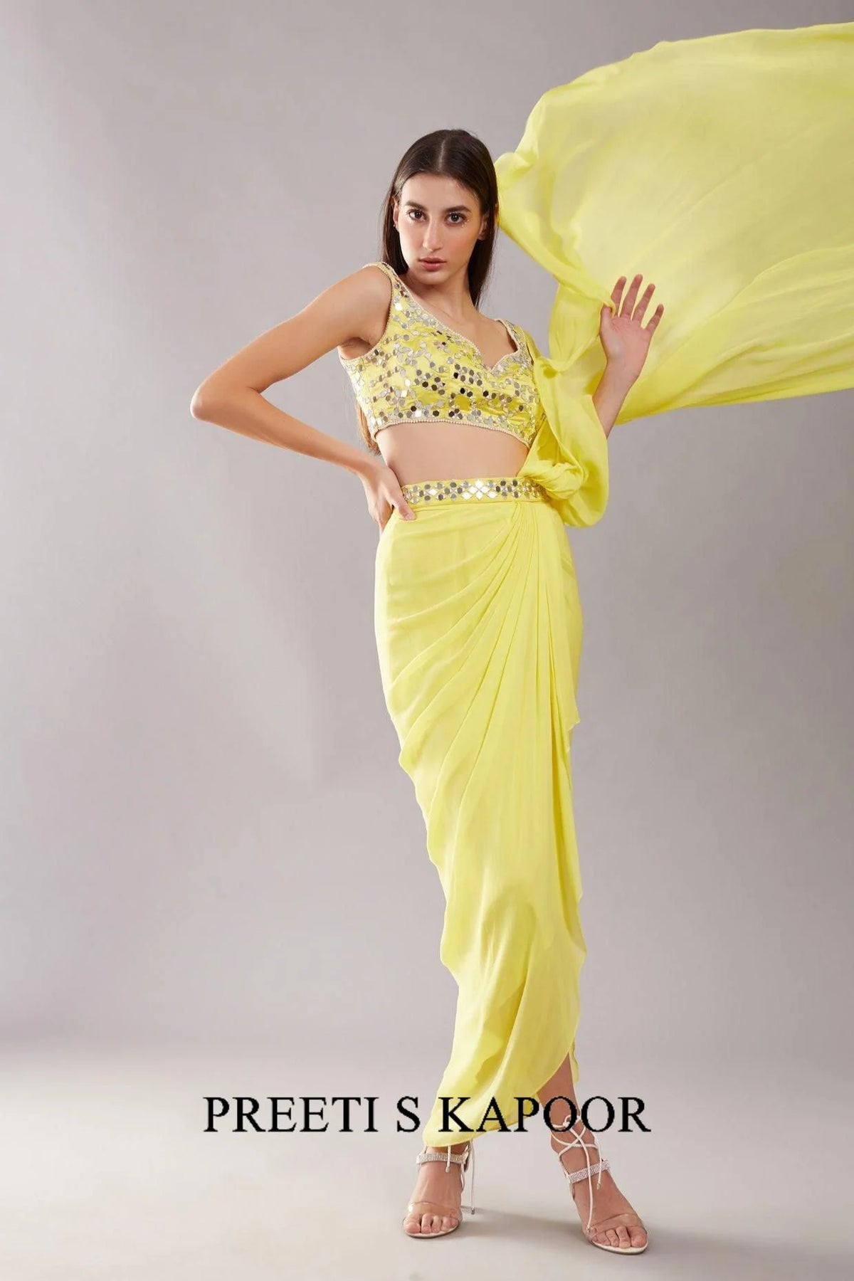 Lime Yellow Mirror Drape Saree - Preeti S Kapoor