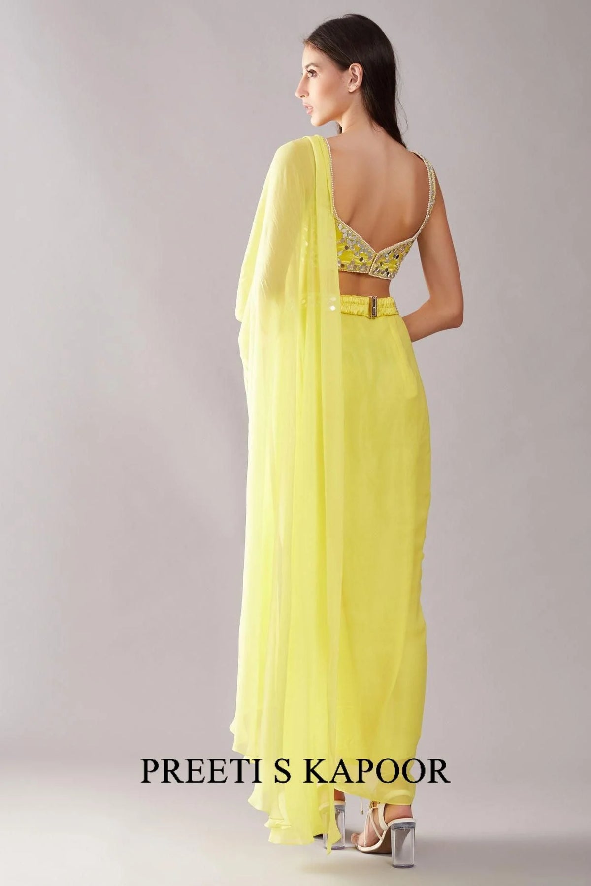 Lime Yellow Mirror Drape Saree - Preeti S Kapoor