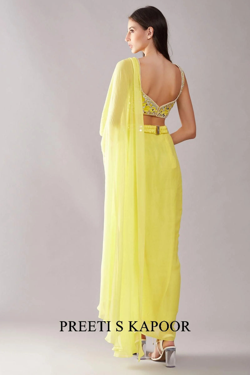 Lime Yellow Mirror Drape Saree - Preeti S Kapoor