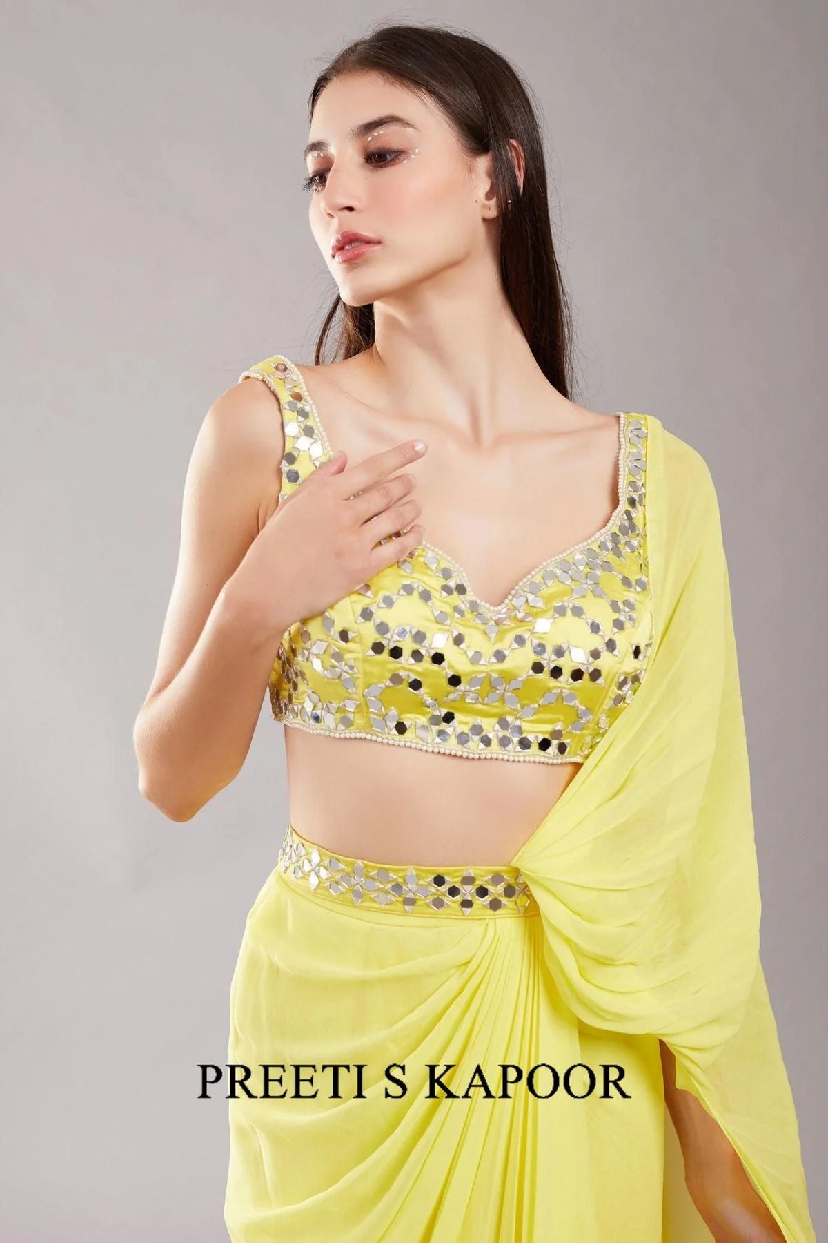 Lime Yellow Mirror Drape Saree - Preeti S Kapoor