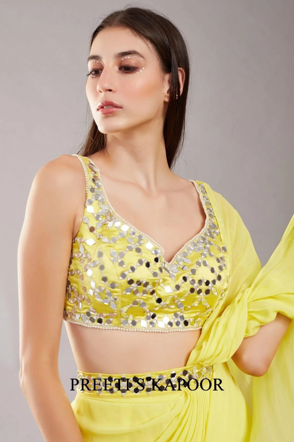 Lime Yellow Mirror Drape Saree - Preeti S Kapoor