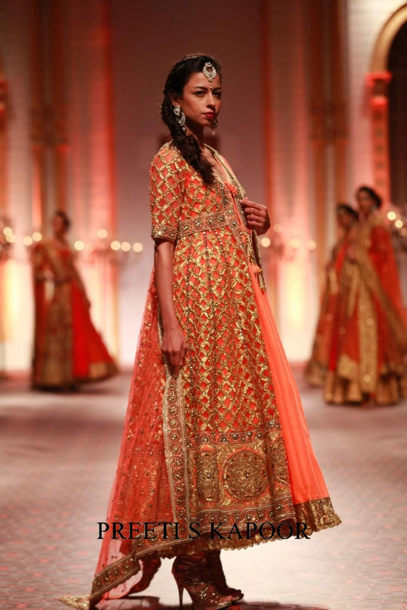 Orange Silk Anarkali Set With Gold Embroidered Jacket - Preeti S Kapoor