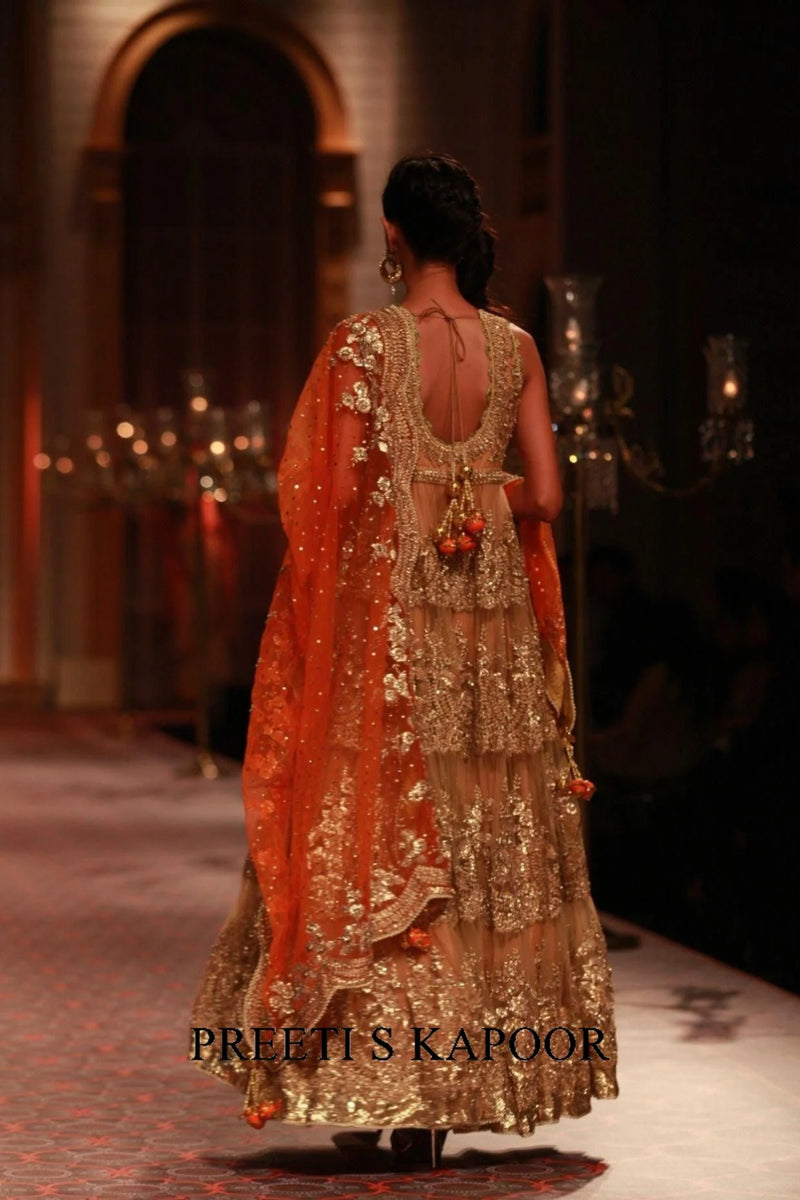 Beige And Orange Embroidered Anarkali Set - Preeti S Kapoor