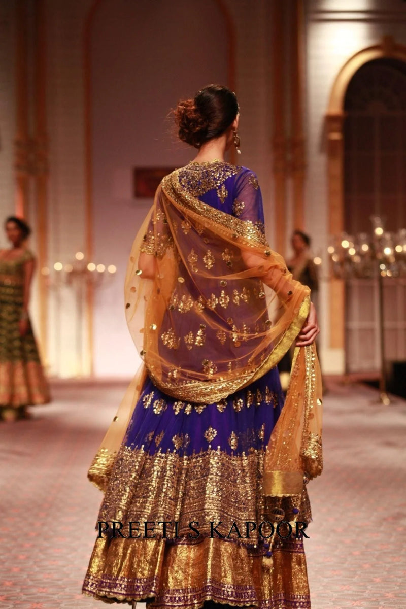Blue Silk Embroidered Jacket Lehenga Set - Preeti S Kapoor