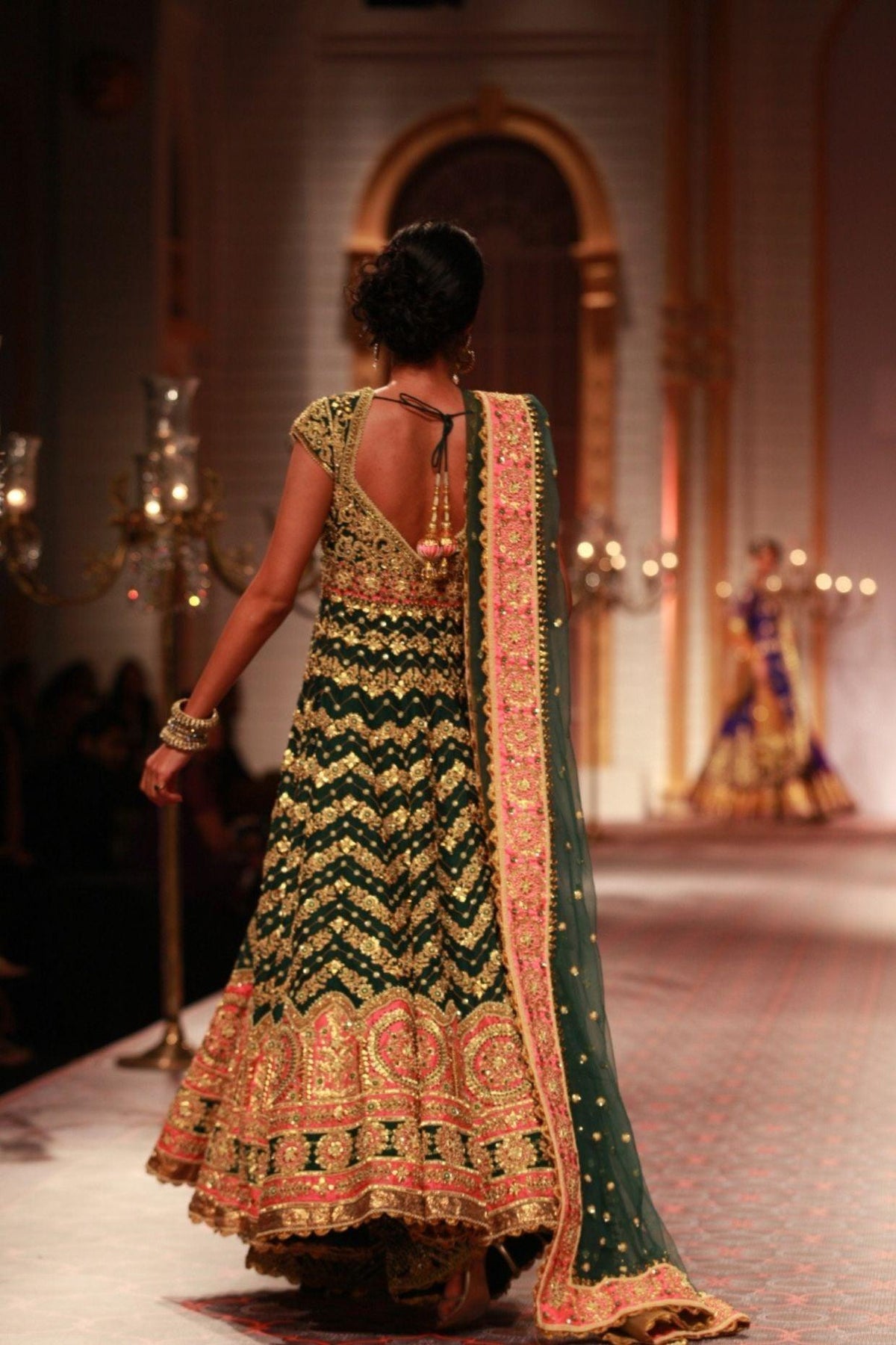 Emerald Green And Pink Embroidered Anarkali With Palazzos And Dupatta - Preeti s kapoor