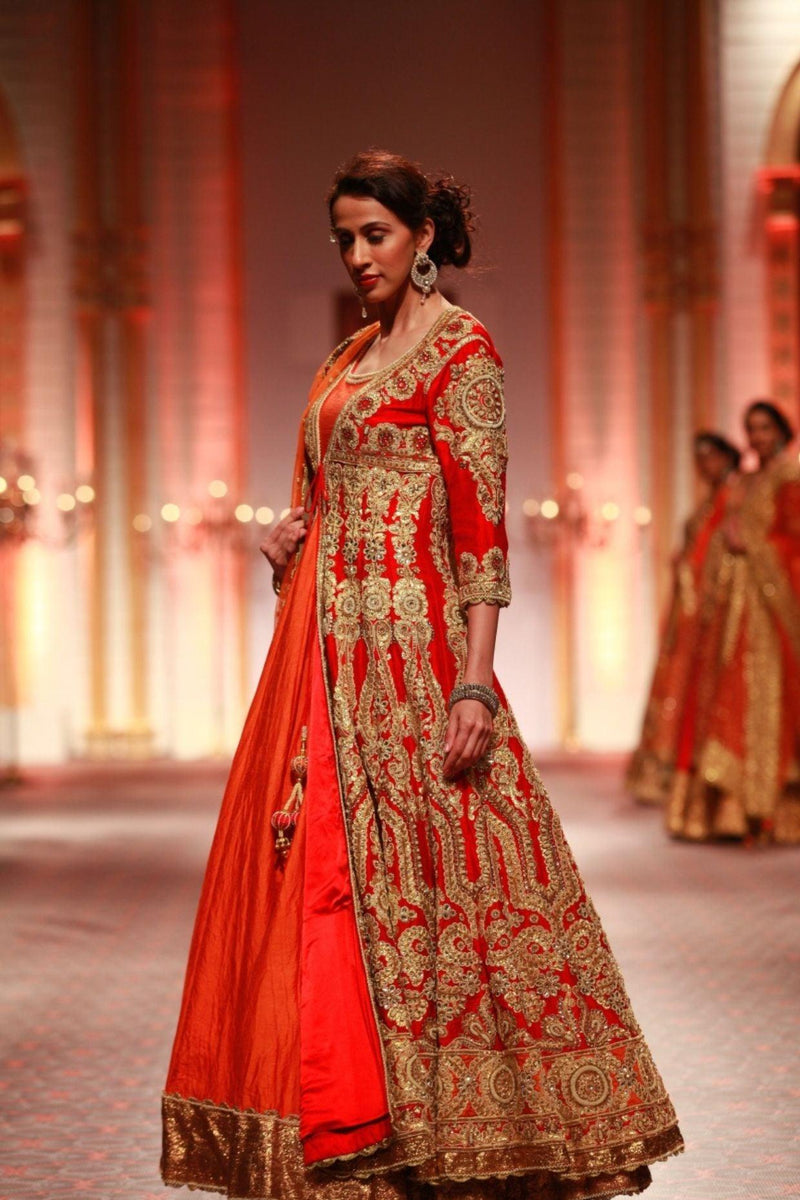 Red Embroidered Jacket With Orange Anarkali And Dupatta - Preeti s kapoor