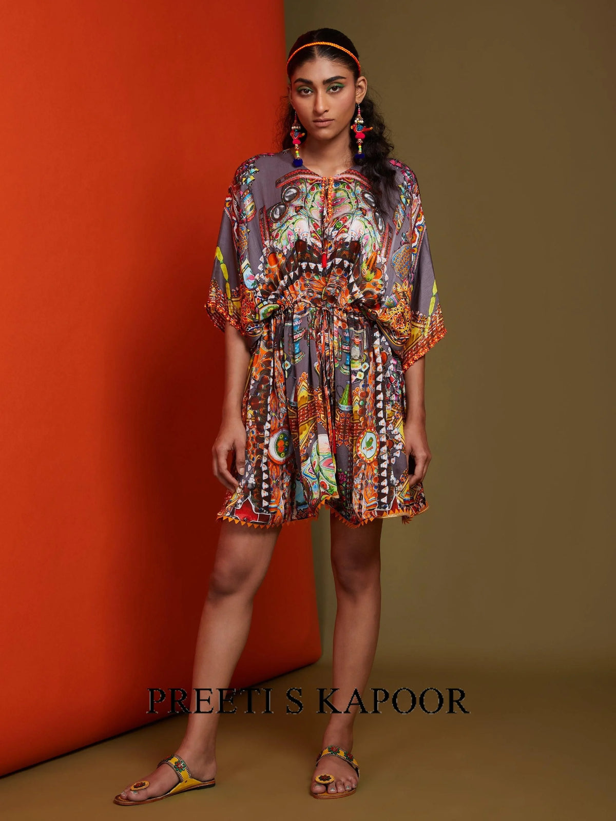Printed Mouse Colour Front Open Short Length Kaftan - Preeti S Kapoor