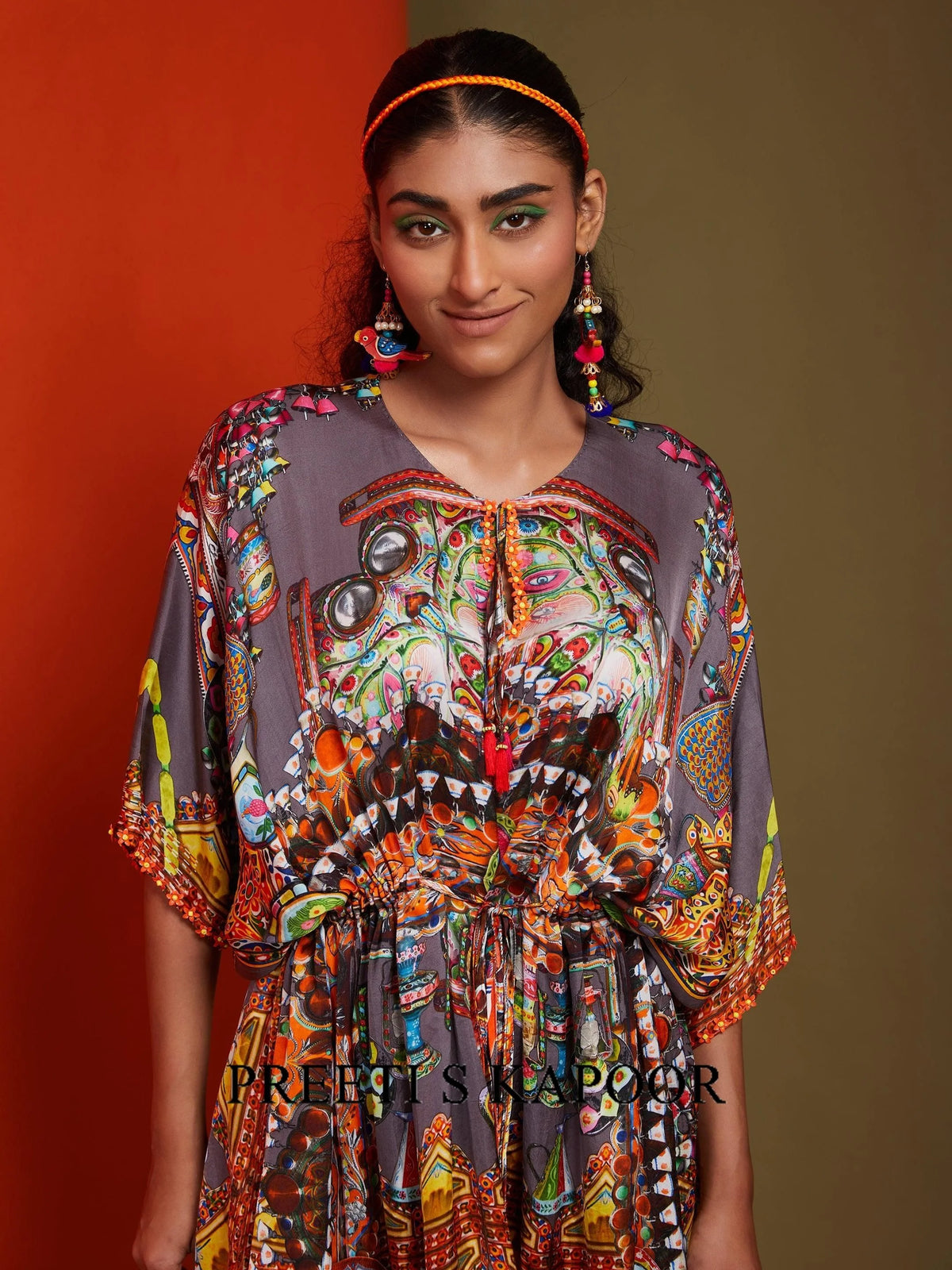 Printed Mouse Colour Front Open Short Length Kaftan - Preeti S Kapoor