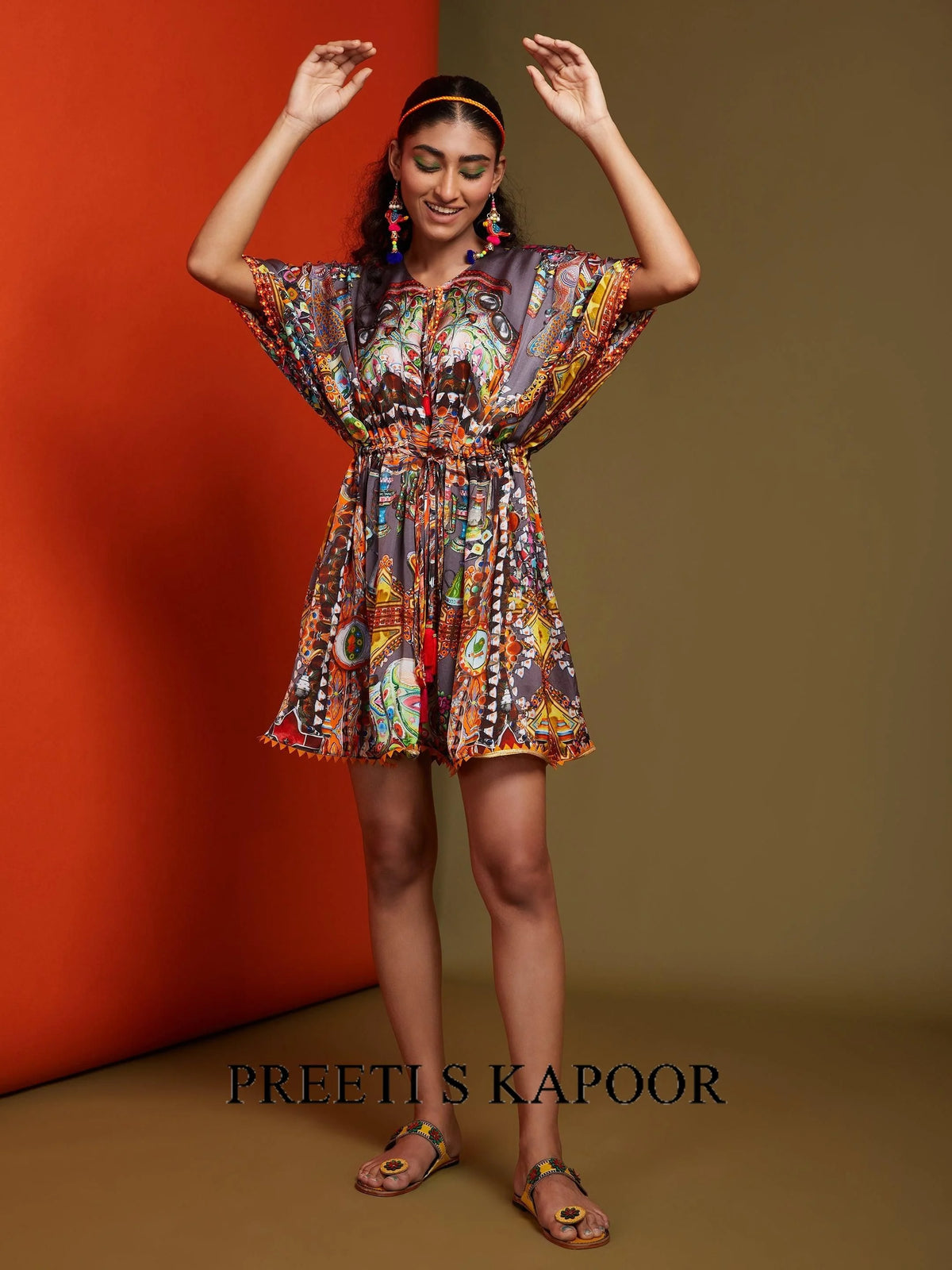 Printed Mouse Colour Front Open Short Length Kaftan - Preeti S Kapoor