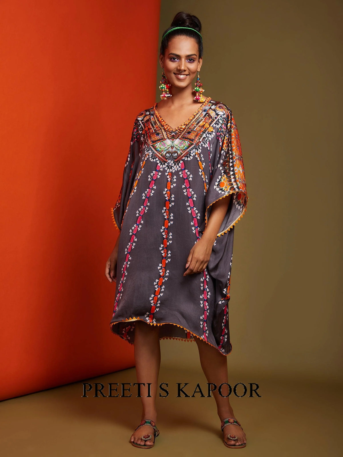 Printed Mouse Colour Mid Length Kaftan - Preeti S Kapoor