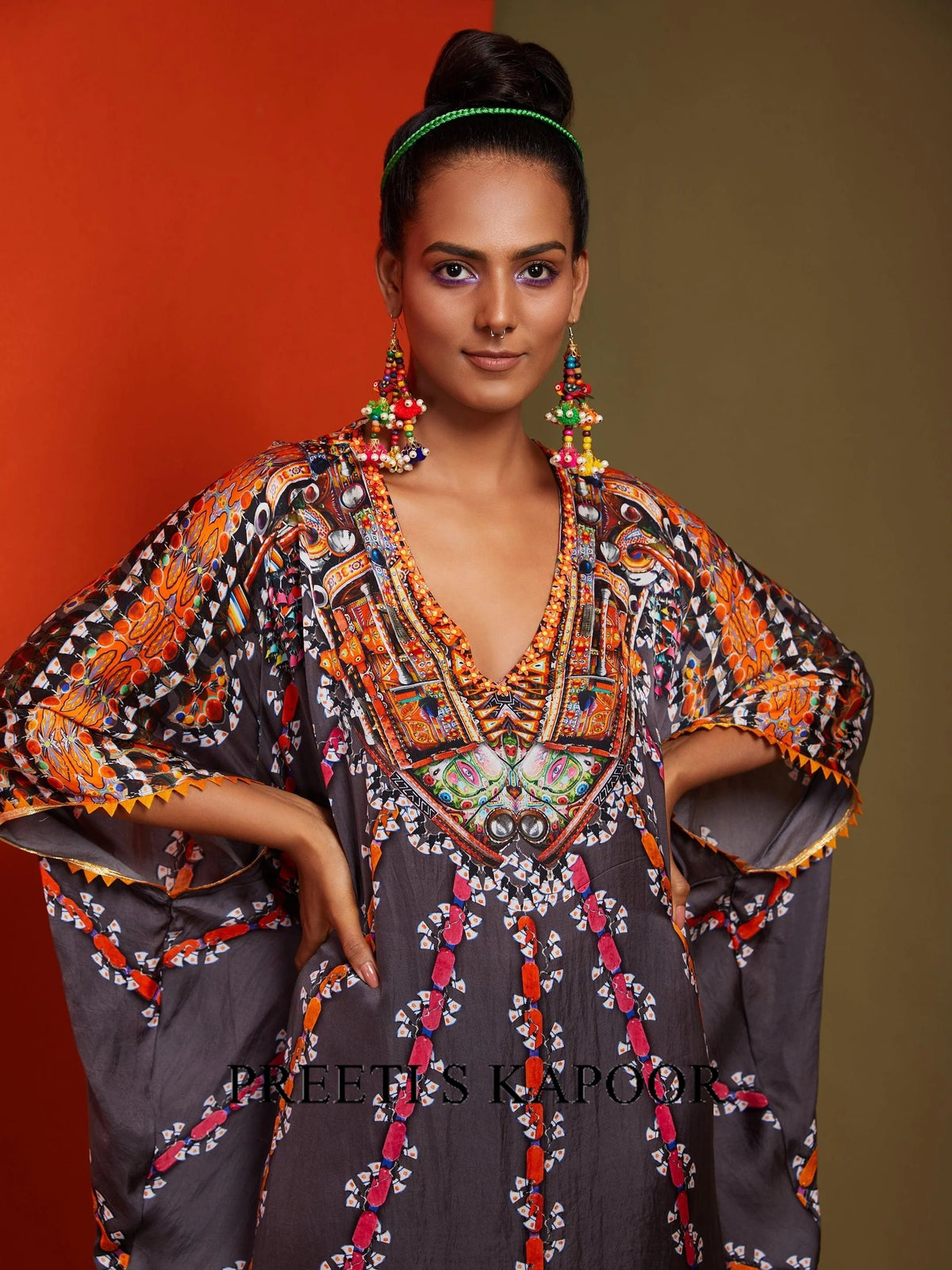 Printed Mouse Colour Mid Length Kaftan - Preeti S Kapoor