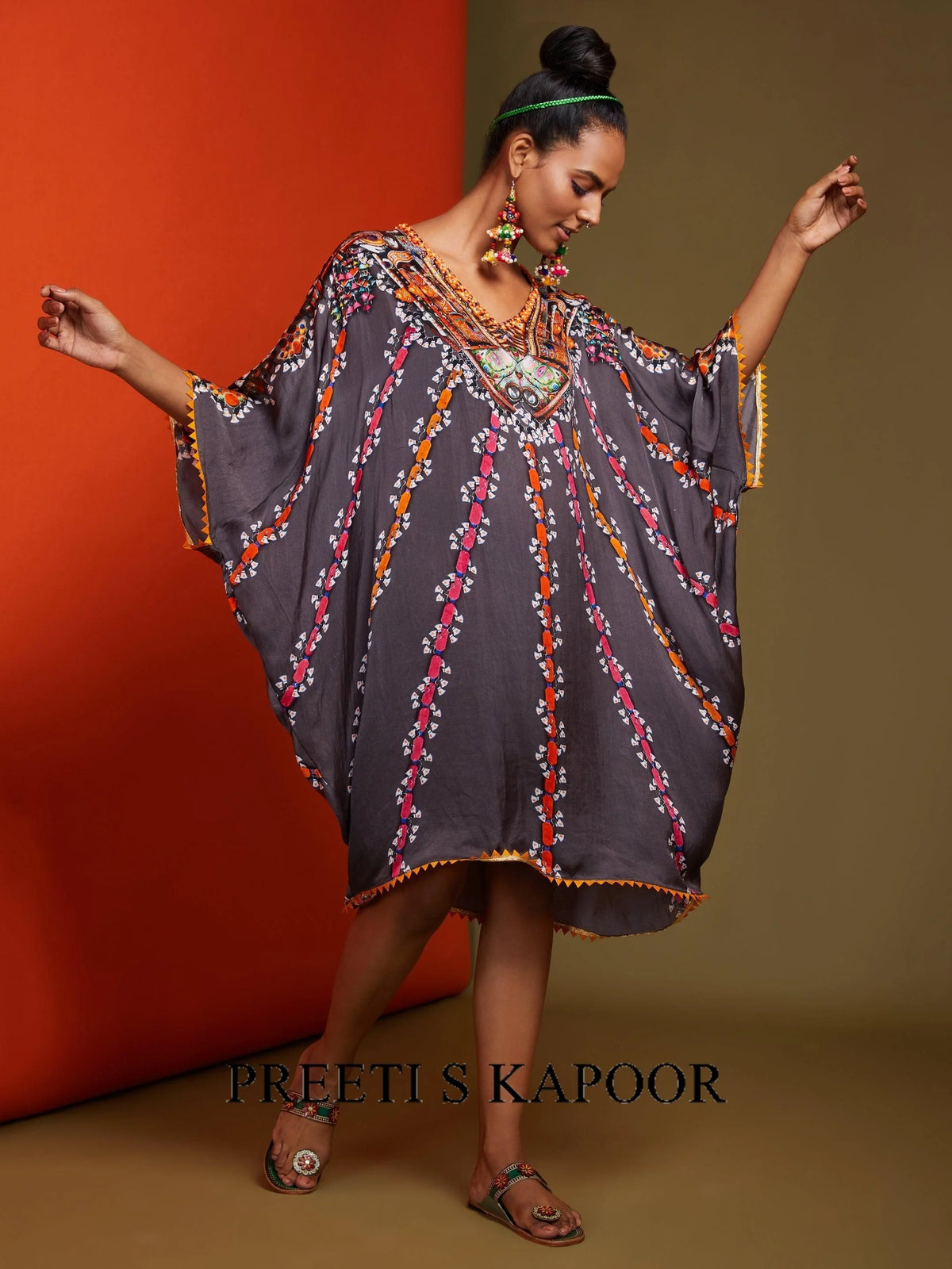 Printed Mouse Colour Mid Length Kaftan - Preeti S Kapoor