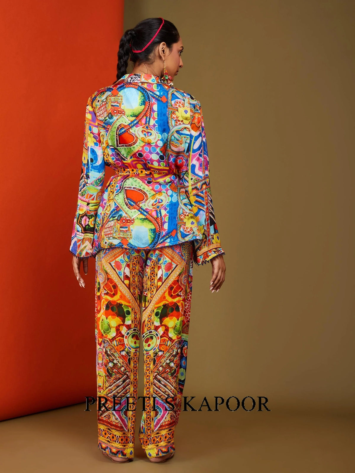 Multicolor printed wrap jacket co-ord set back view with wide-leg pants – Preeti S Kapoor