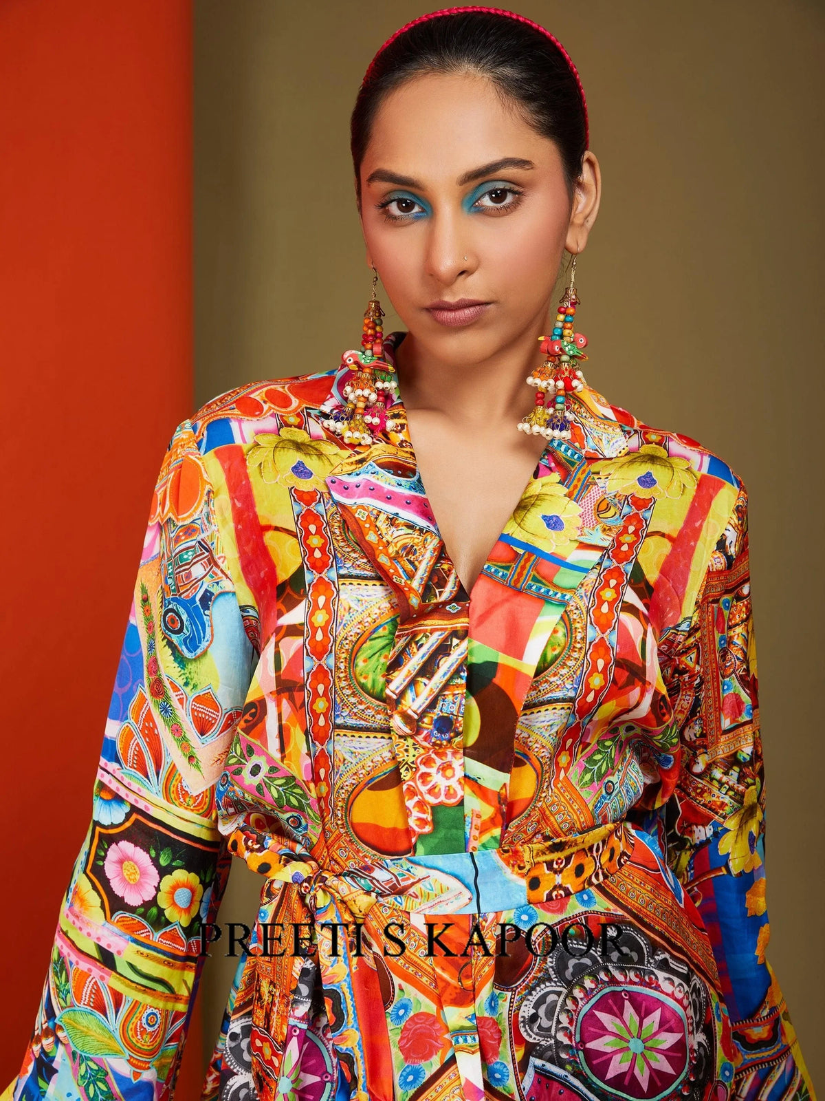 Close-up of Multicolor printed wrap jacket notched collar and tie belt – Preeti S Kapoor