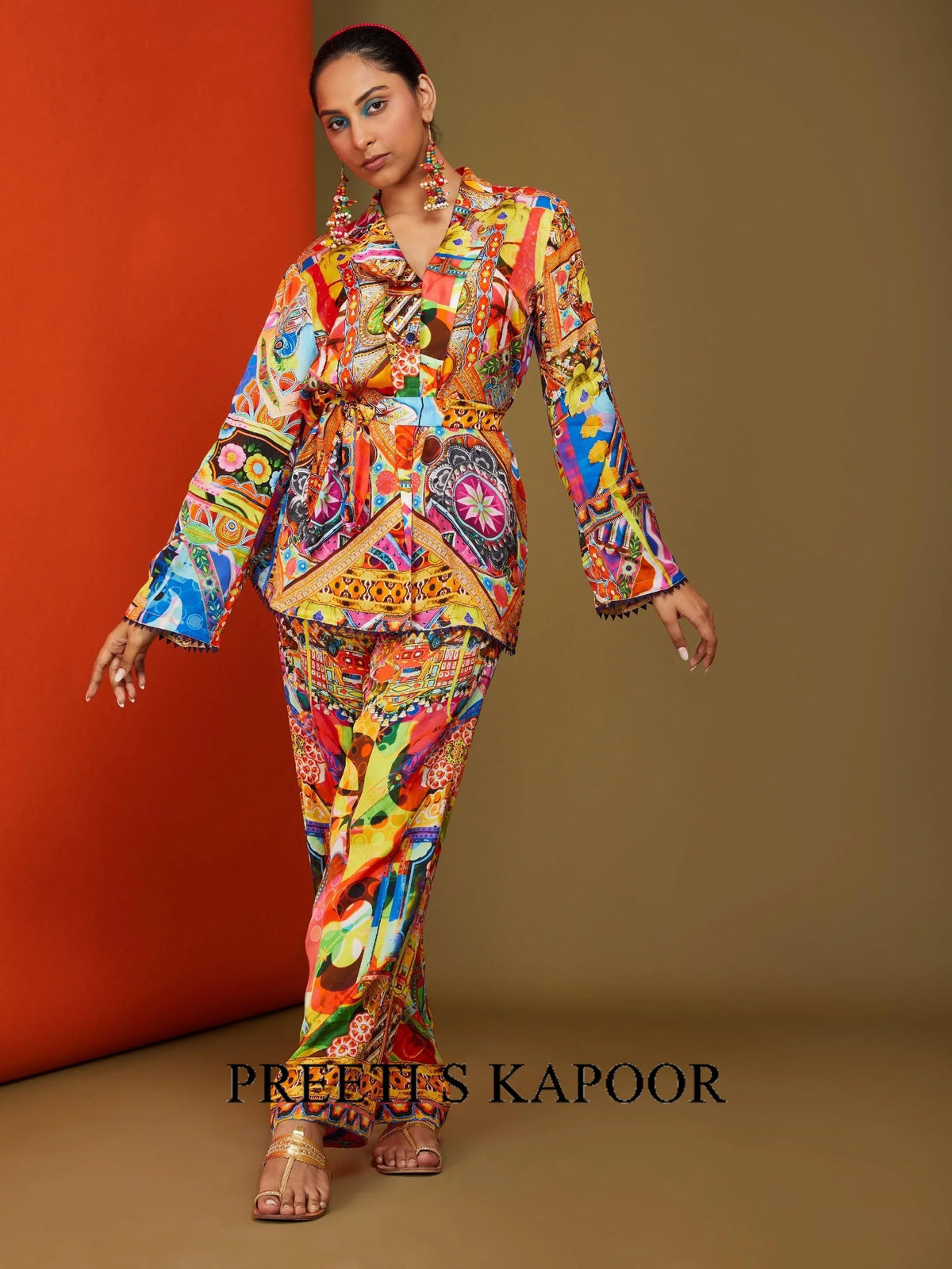 Woman wearing Multicolor printed wrap jacket co-ord set with wide-leg pants – Preeti S Kapoor
