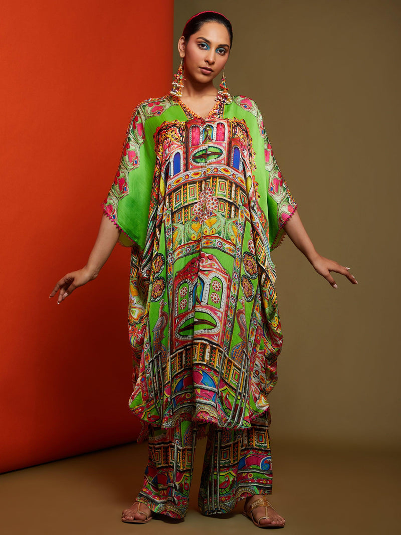 Printed Lime Green Front Open Long Tunic Pant Set - Preeti s kapoor