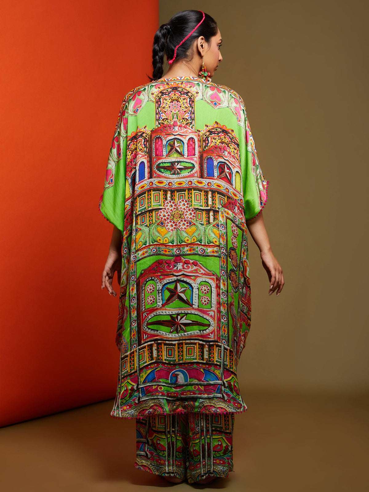 Printed Lime Green Front Open Long Tunic Pant Set - Preeti s kapoor