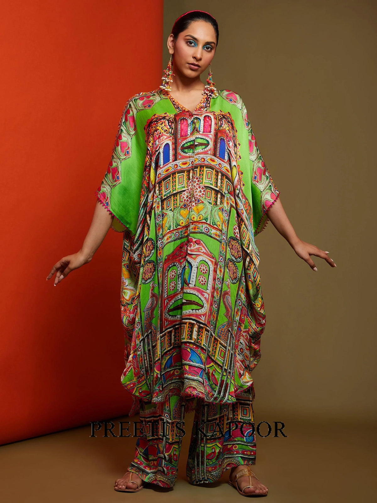 Printed Lime Green Front Open Long Tunic Pant Set - Preeti S Kapoor