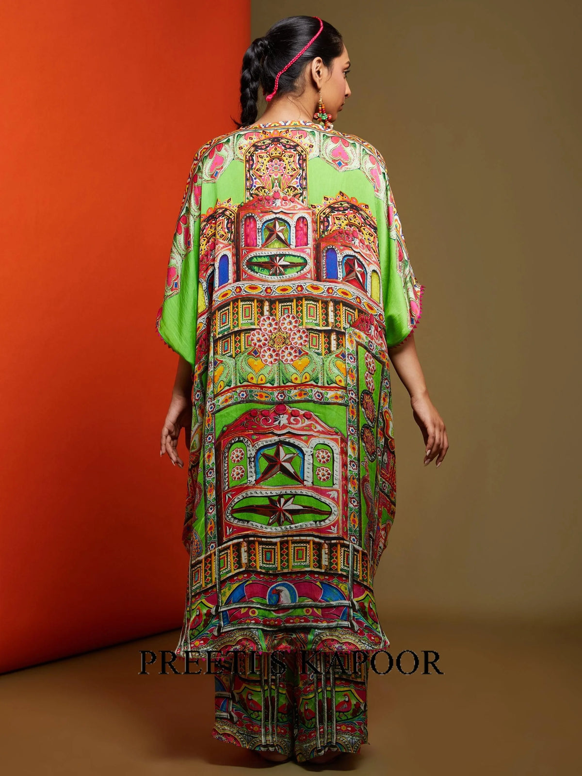 Printed Lime Green Front Open Long Tunic Pant Set - Preeti S Kapoor