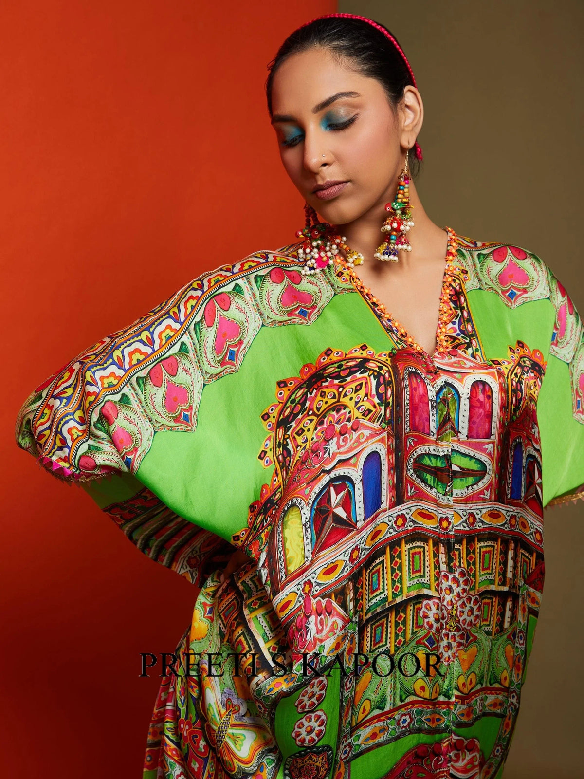 Printed Lime Green Front Open Long Tunic Pant Set - Preeti S Kapoor