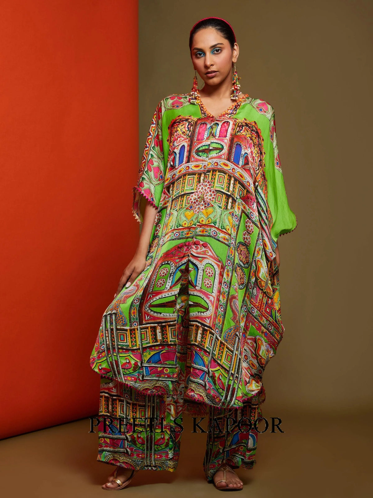 Printed Lime Green Front Open Long Tunic Pant Set - Preeti S Kapoor