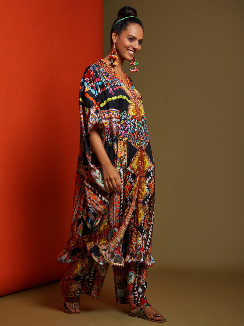 Printed Black Front Open Long Tunic Pant Set - Preeti s kapoor
