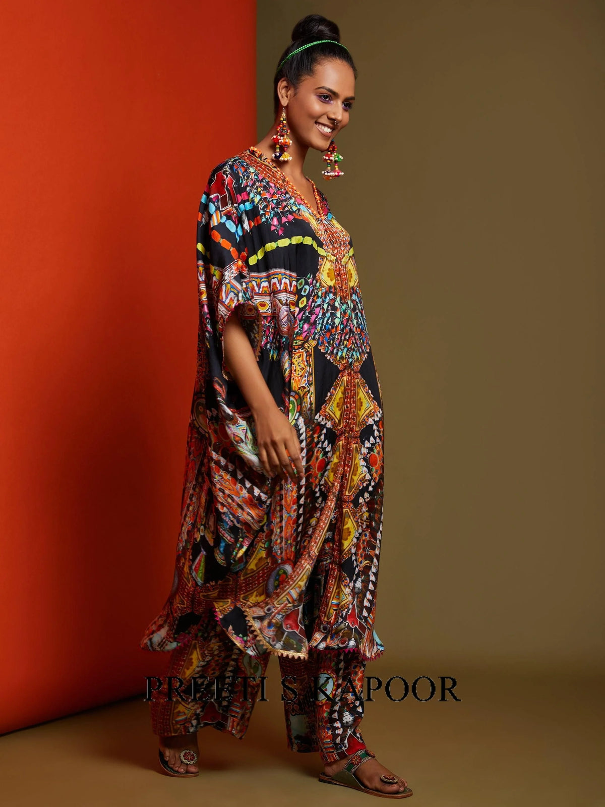 Printed Black Front Open Long Tunic Pant Set - Preeti S Kapoor
