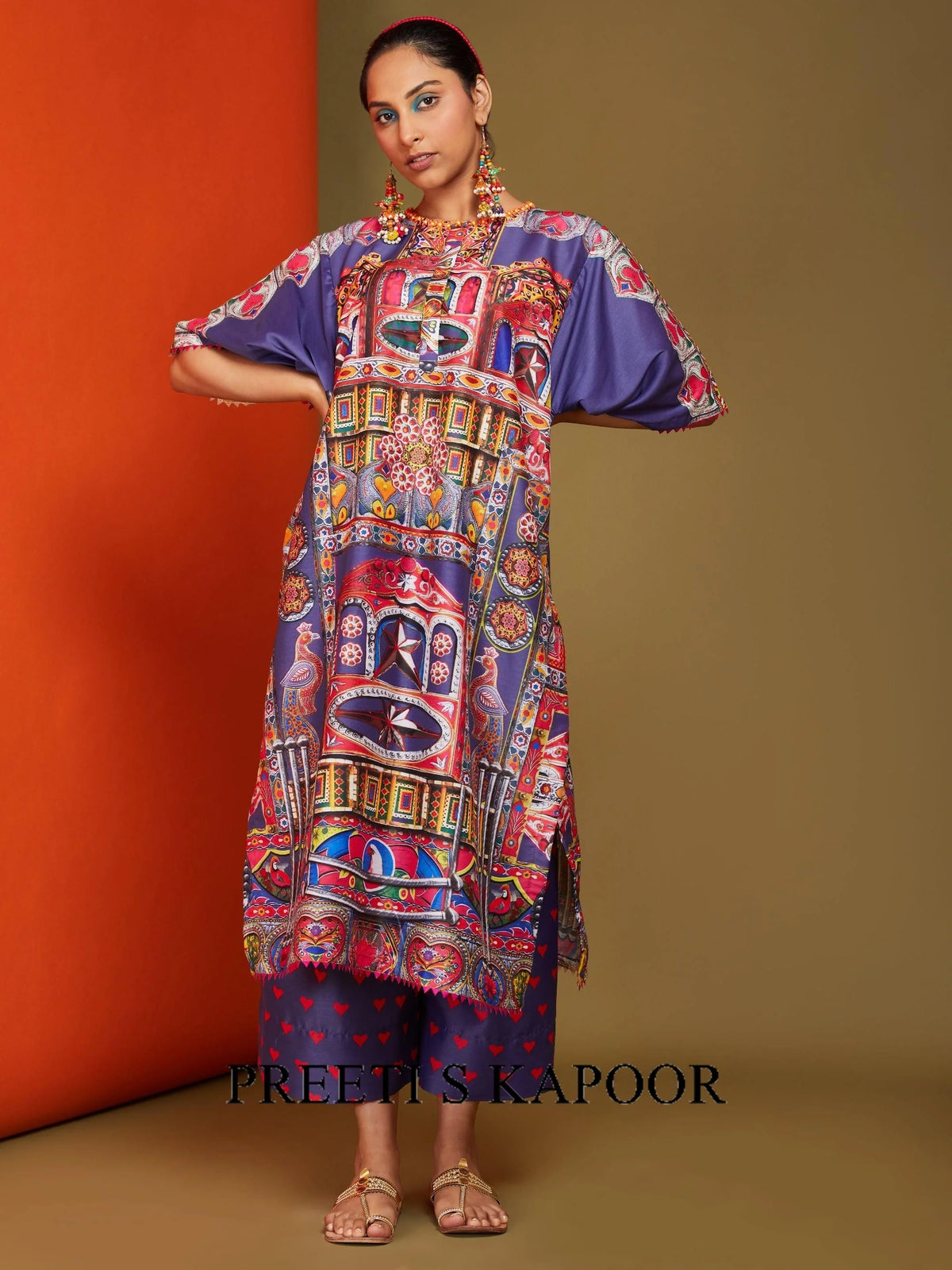Printed Blue Front Open Long Kurta Pant Set - Preeti S Kapoor