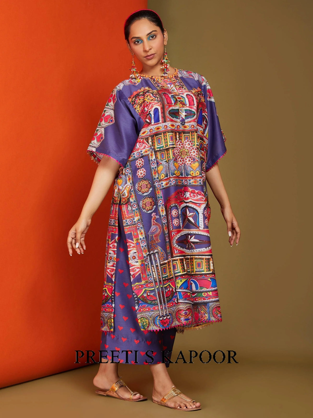 Printed Blue Front Open Long Kurta Pant Set - Preeti S Kapoor