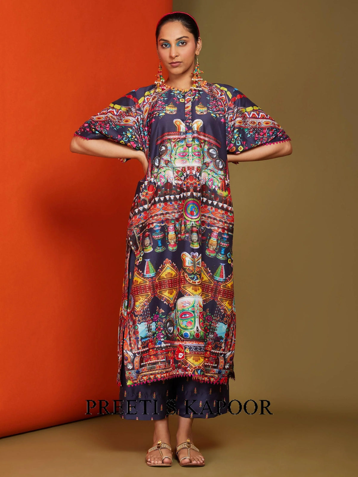 Printed Blackish Blue Front Open Long Kurta Pant Set - Preeti S Kapoor