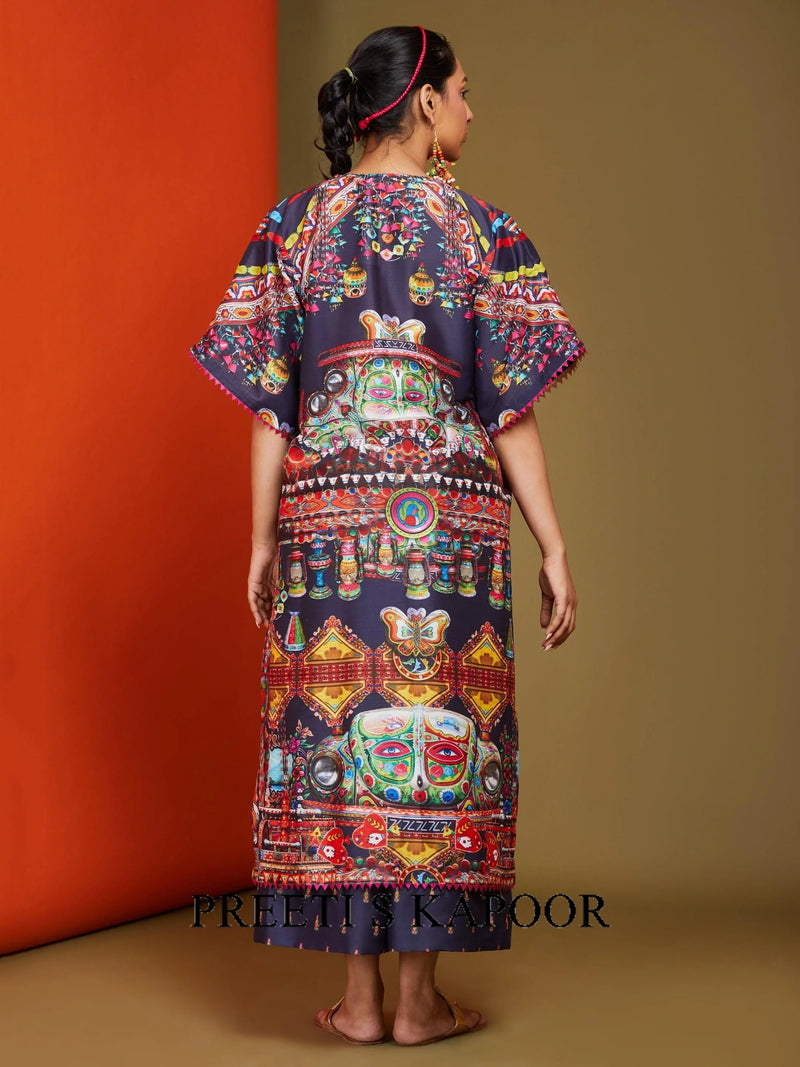 Printed Blackish Blue Front Open Long Kurta Pant Set - Preeti S Kapoor