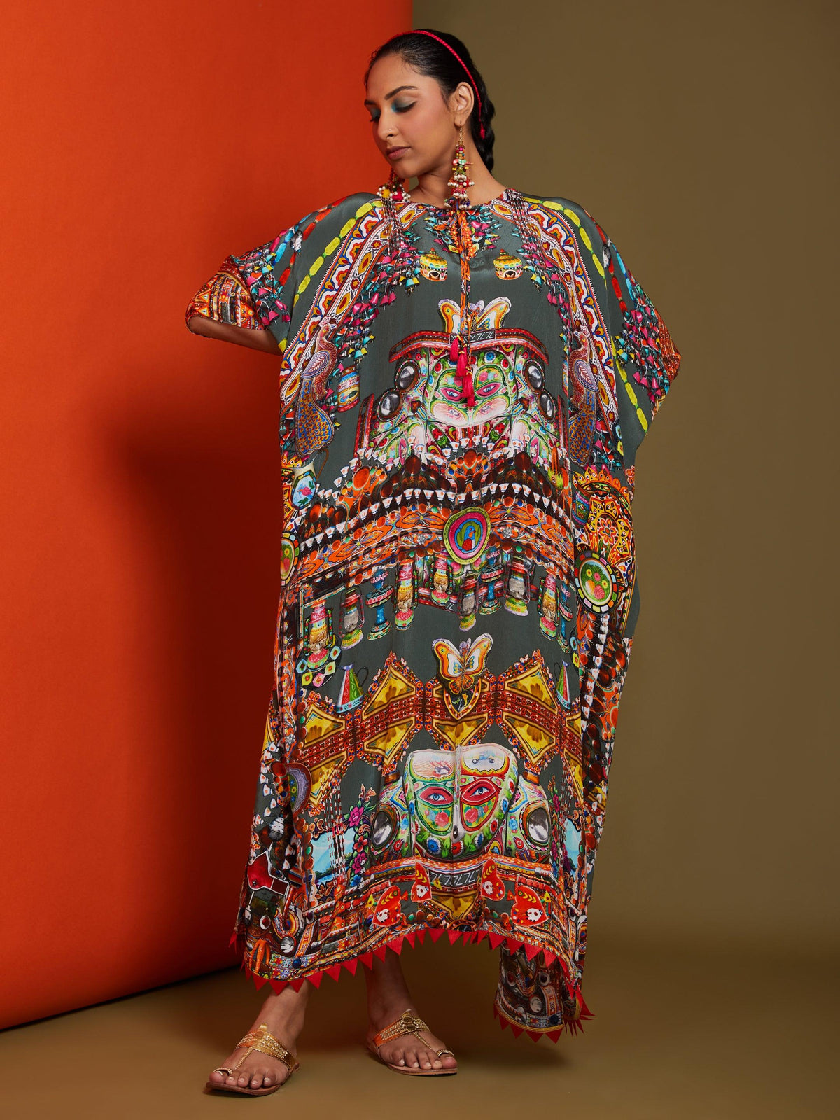 Printed Dark Pista Green Front Open Long Kaftan - Preeti s kapoor