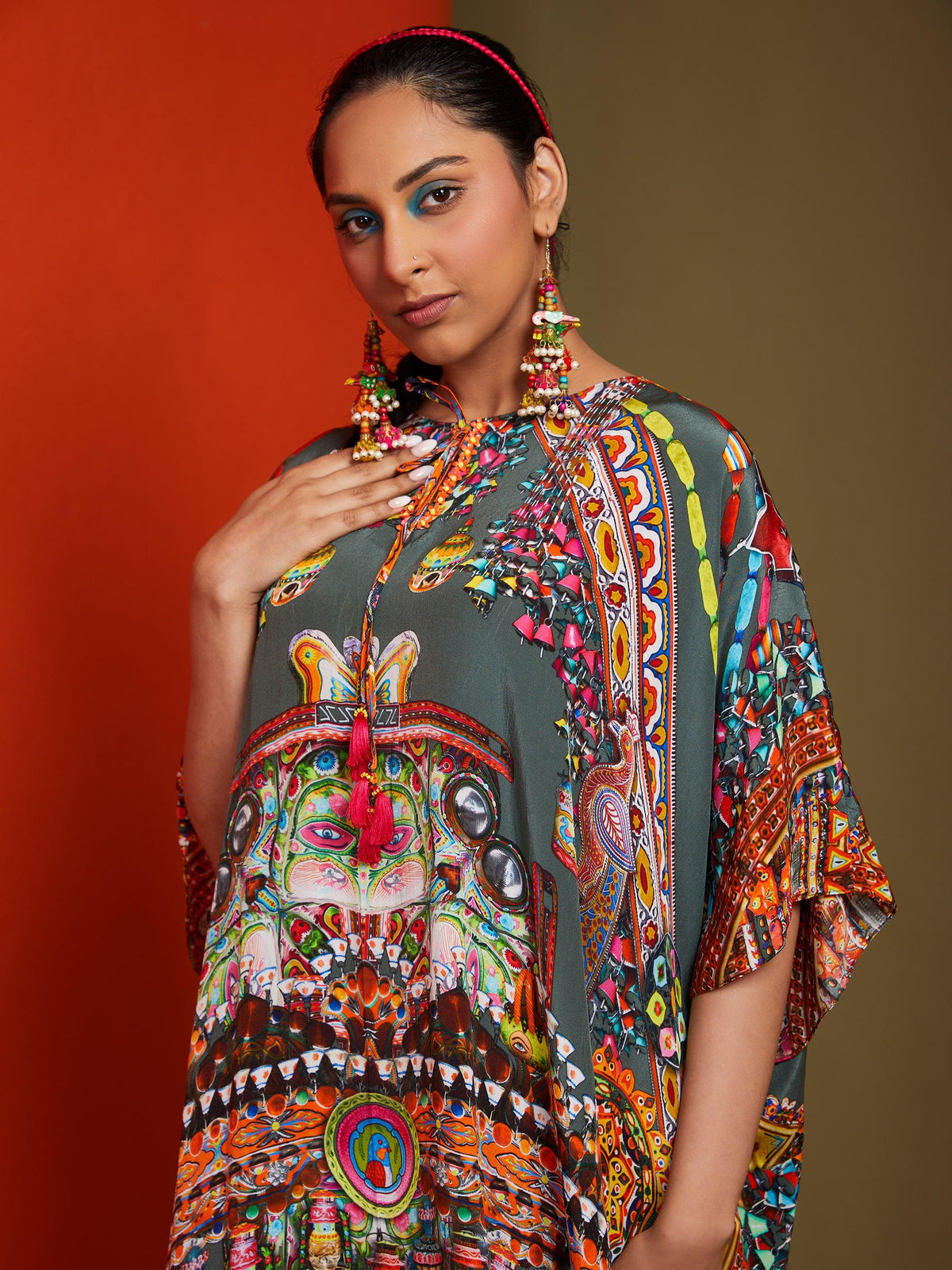 Printed Dark Pista Green Front Open Long Kaftan - Preeti s kapoor
