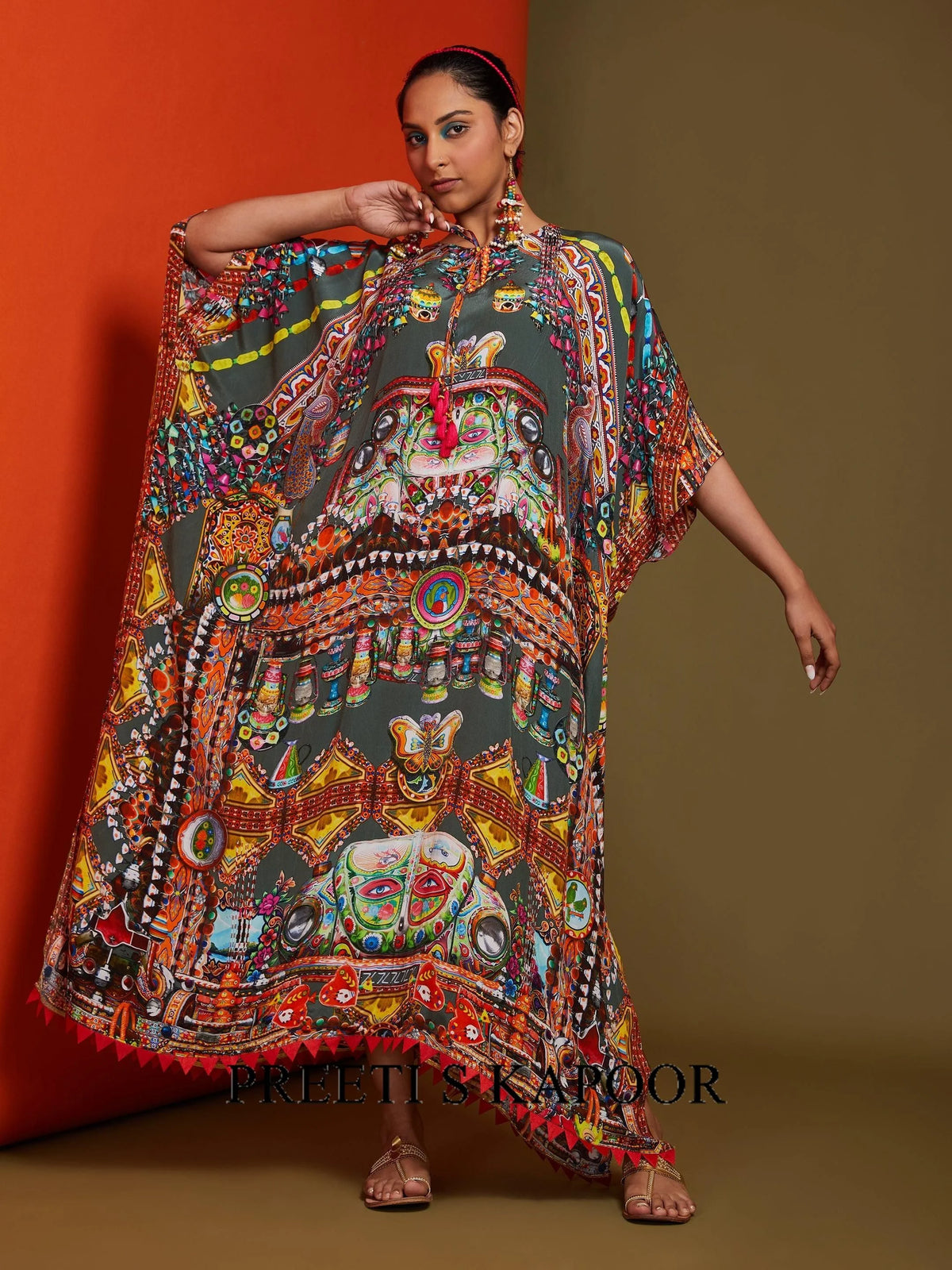 Printed Dark Pista Green Front Open Long Kaftan - Preeti S Kapoor