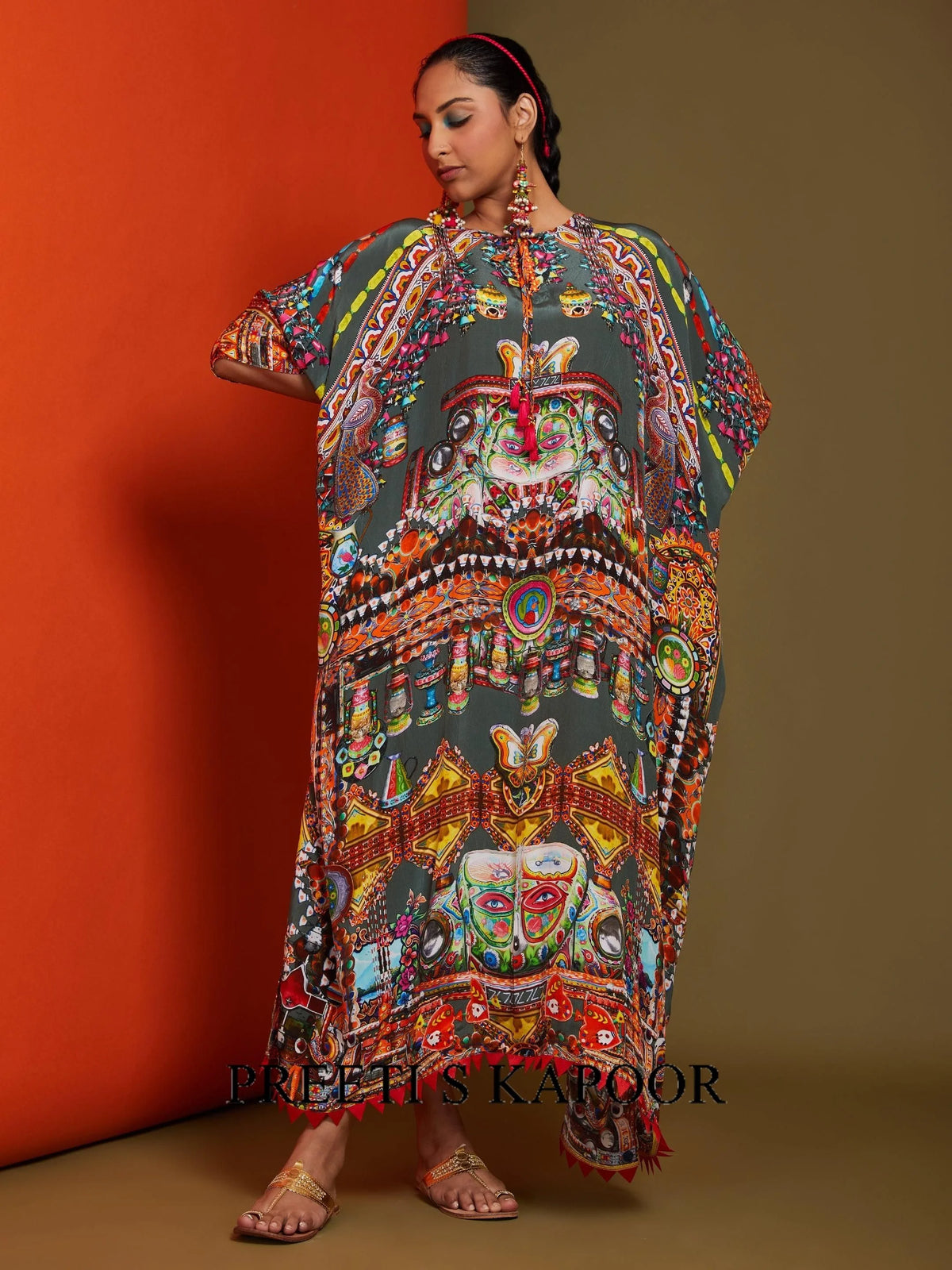 Printed Dark Pista Green Front Open Long Kaftan - Preeti S Kapoor