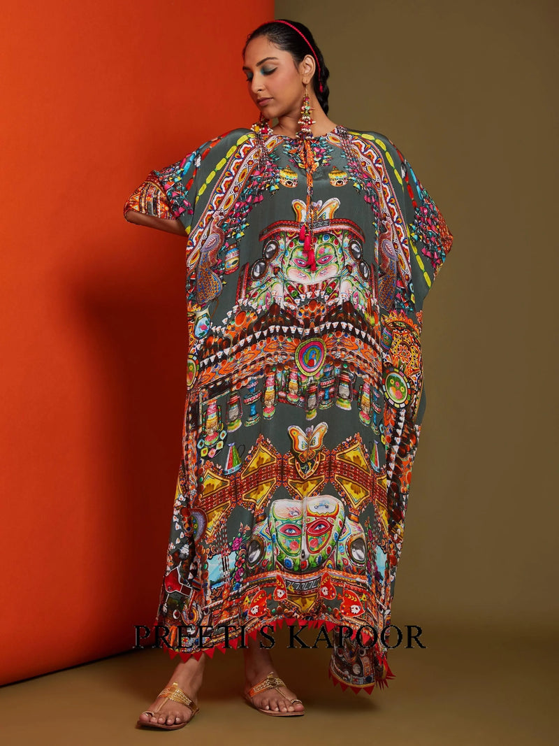 Printed Dark Pista Green Front Open Long Kaftan - Preeti S Kapoor