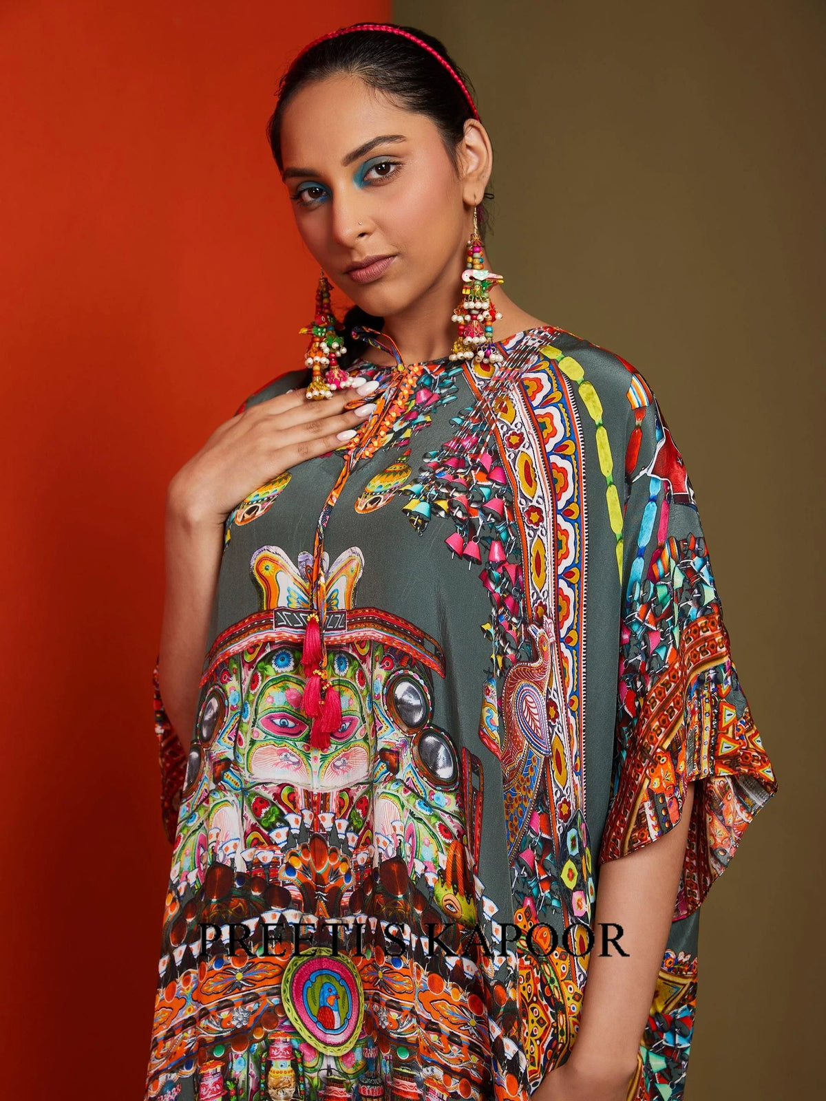 Printed Dark Pista Green Front Open Long Kaftan - Preeti S Kapoor