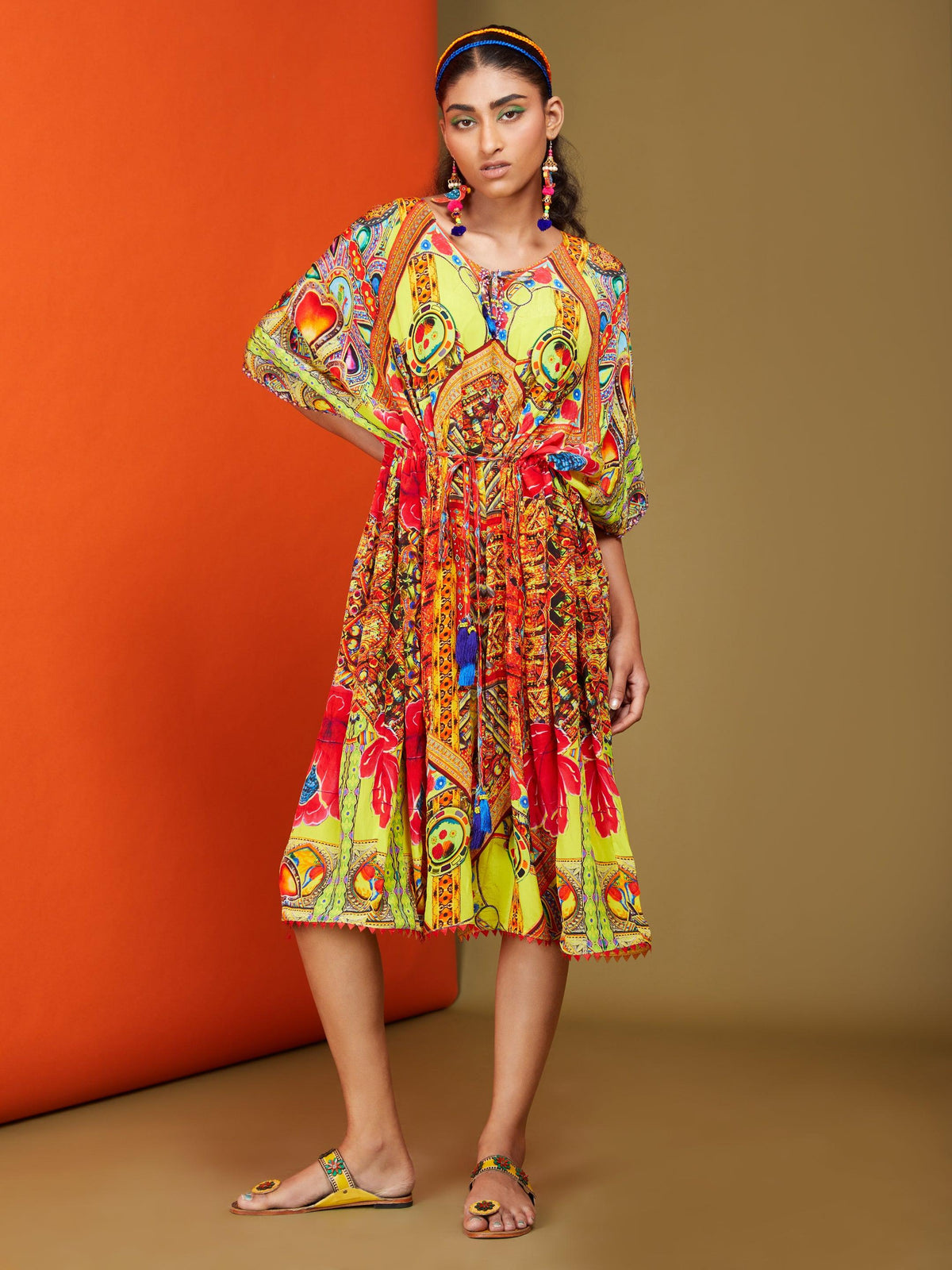 Printed Bright Yellow Front Open Long Kaftan - Preeti s kapoor