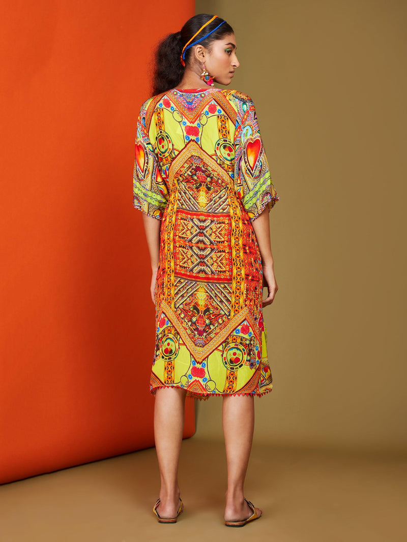 Printed Bright Yellow Front Open Long Kaftan - Preeti s kapoor